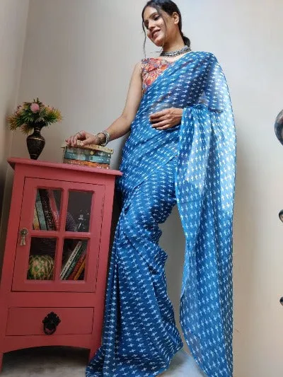 1 Min Blue Linen Silk Pocket Style Stitched Readymade Saree