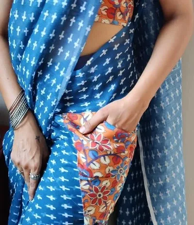 1 Min Blue Linen Silk Pocket Style Stitched Readymade Saree