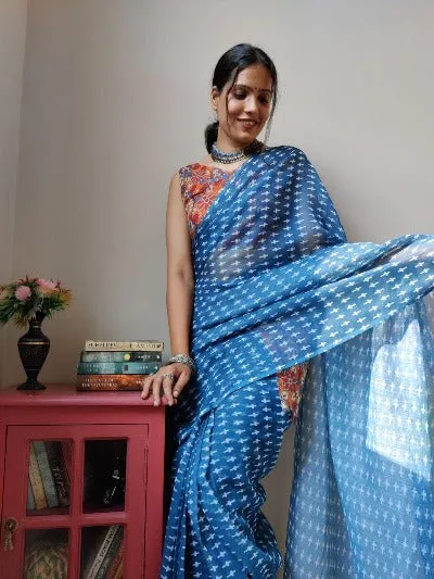 1 Min Blue Linen Silk Pocket Style Stitched Readymade Saree