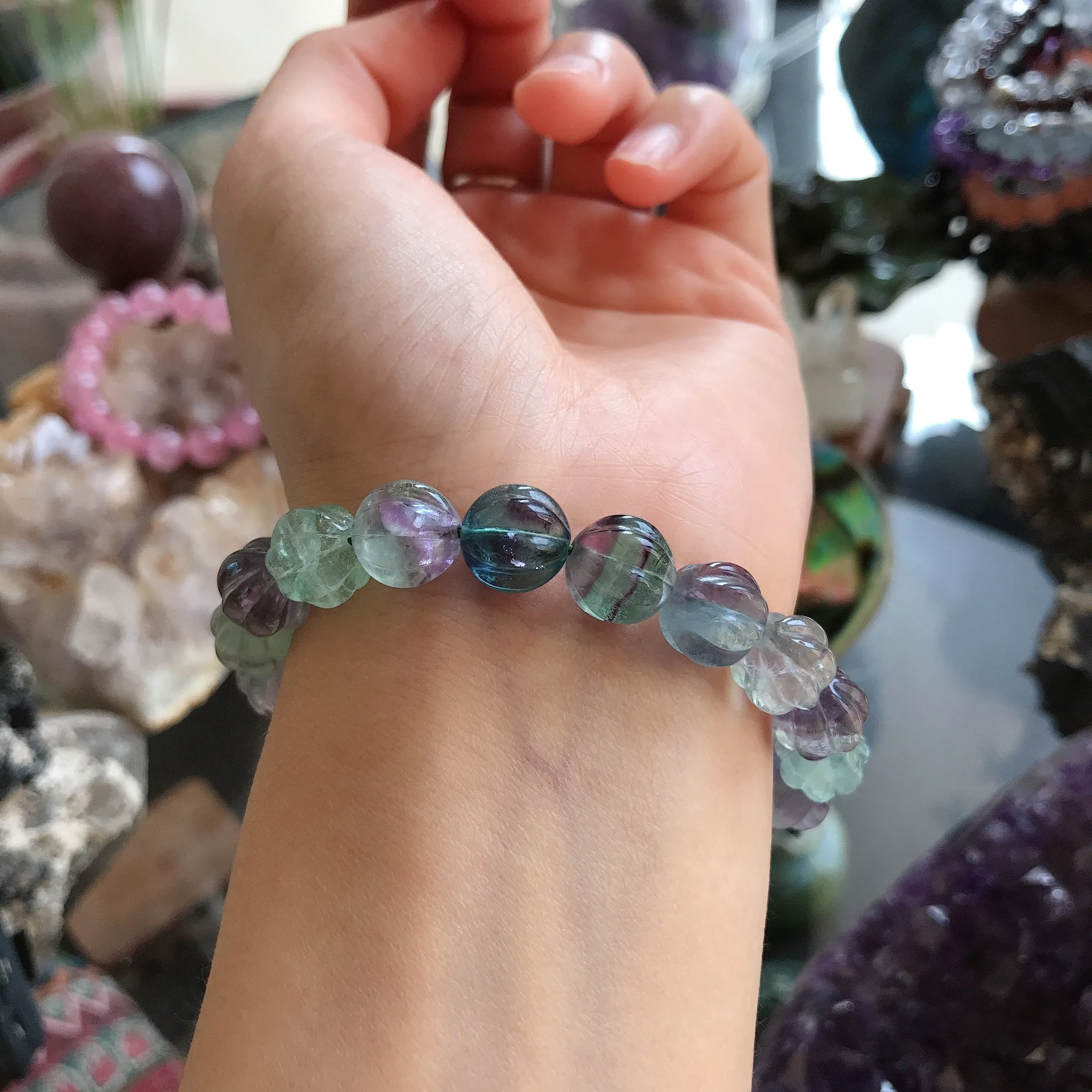 10mm Hand-carved Rainbow Fluorite Bracelet Pisces Capricorn Lucky Stone Pumpkin Shape Elastic Healing Jewelry