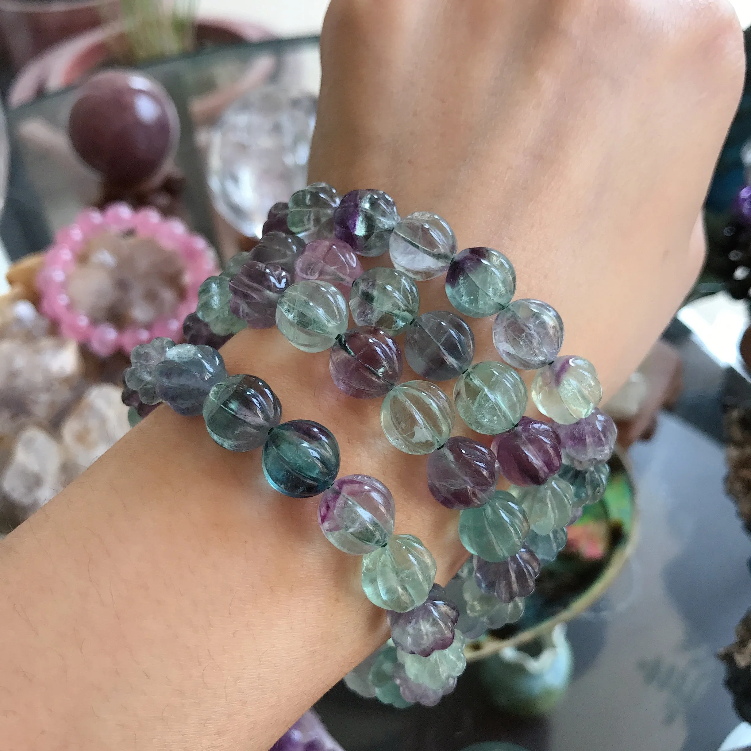 10mm Hand-carved Rainbow Fluorite Bracelet Pisces Capricorn Lucky Stone Pumpkin Shape Elastic Healing Jewelry