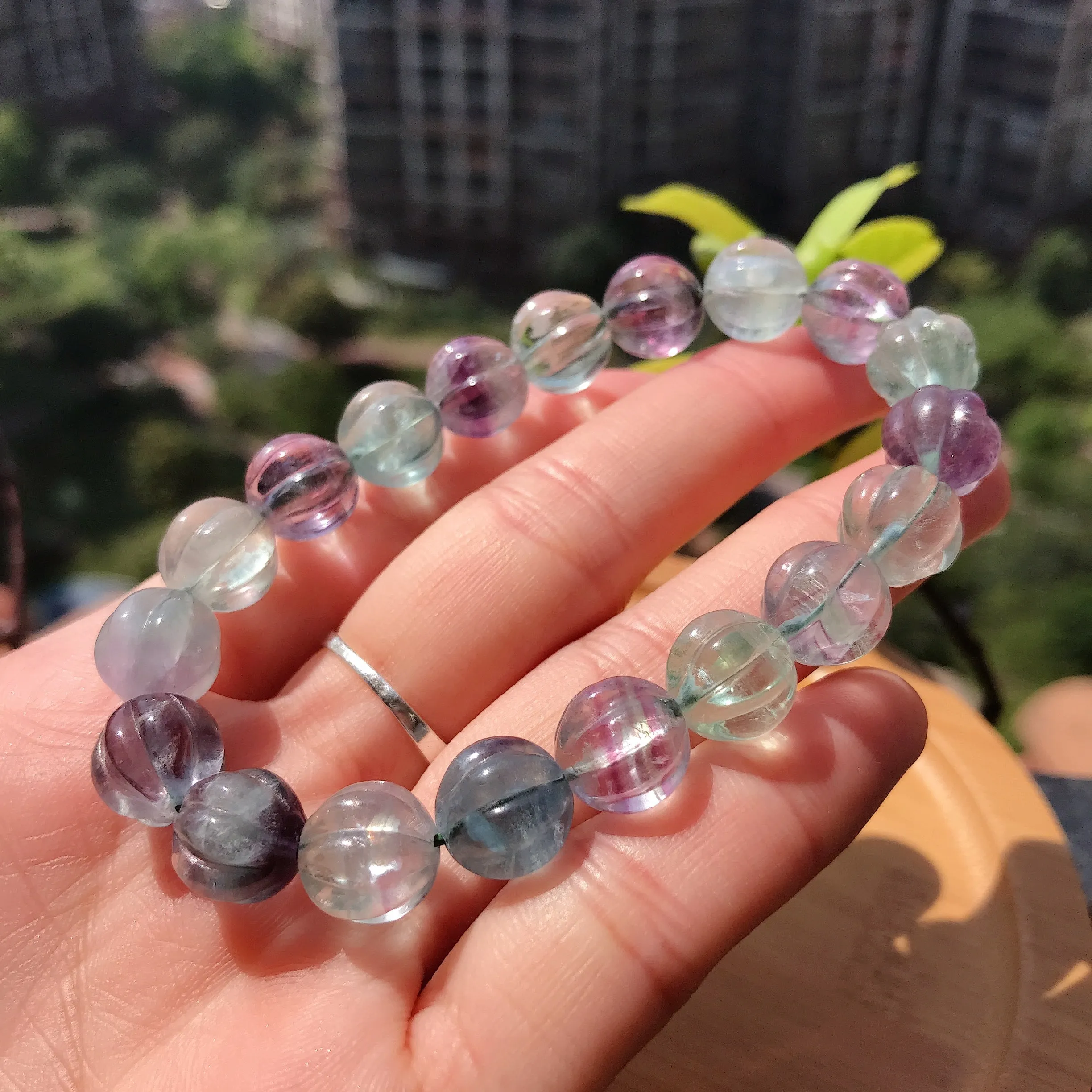 10mm Hand-carved Rainbow Fluorite Bracelet Pisces Capricorn Lucky Stone Pumpkin Shape Elastic Healing Jewelry