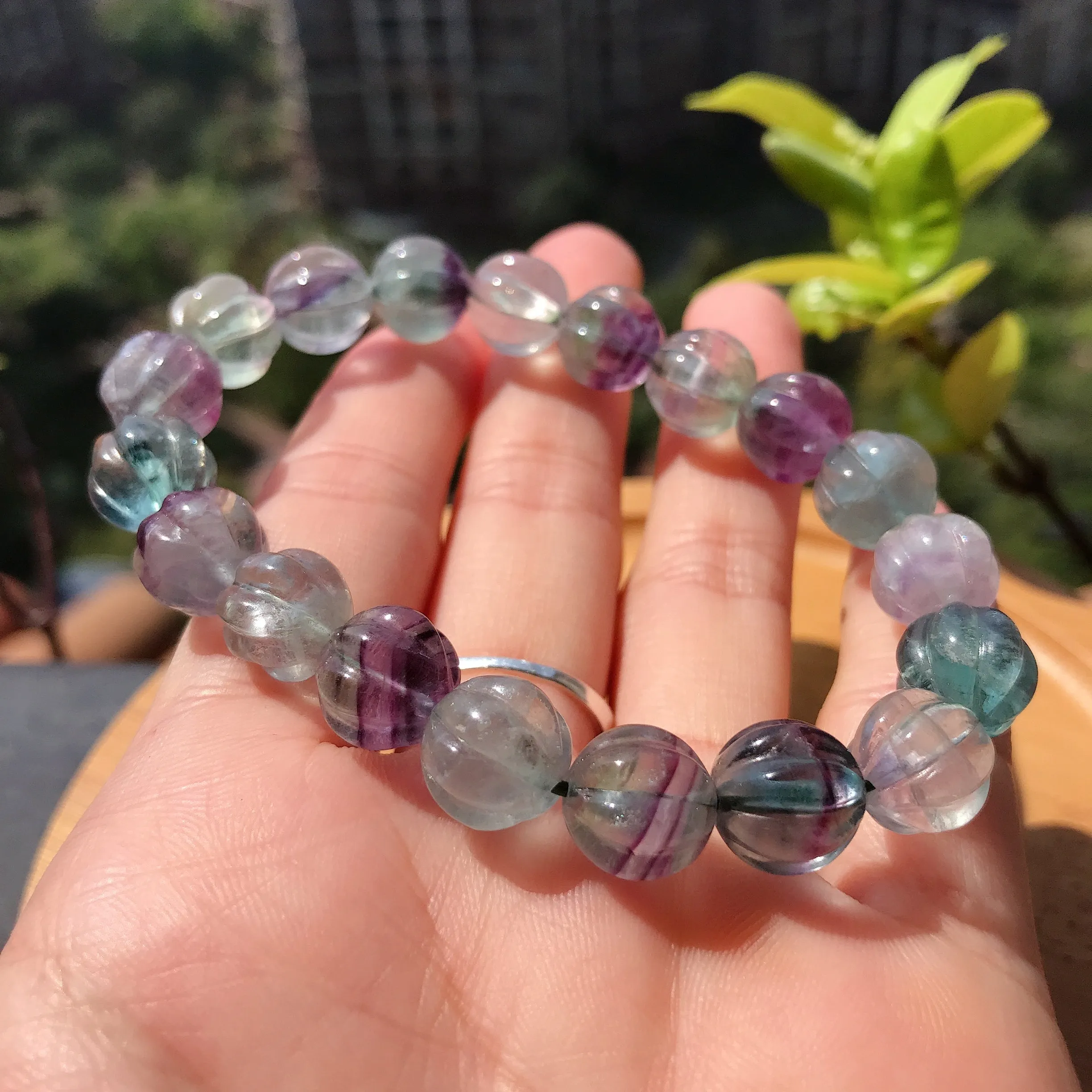 10mm Hand-carved Rainbow Fluorite Bracelet Pisces Capricorn Lucky Stone Pumpkin Shape Elastic Healing Jewelry