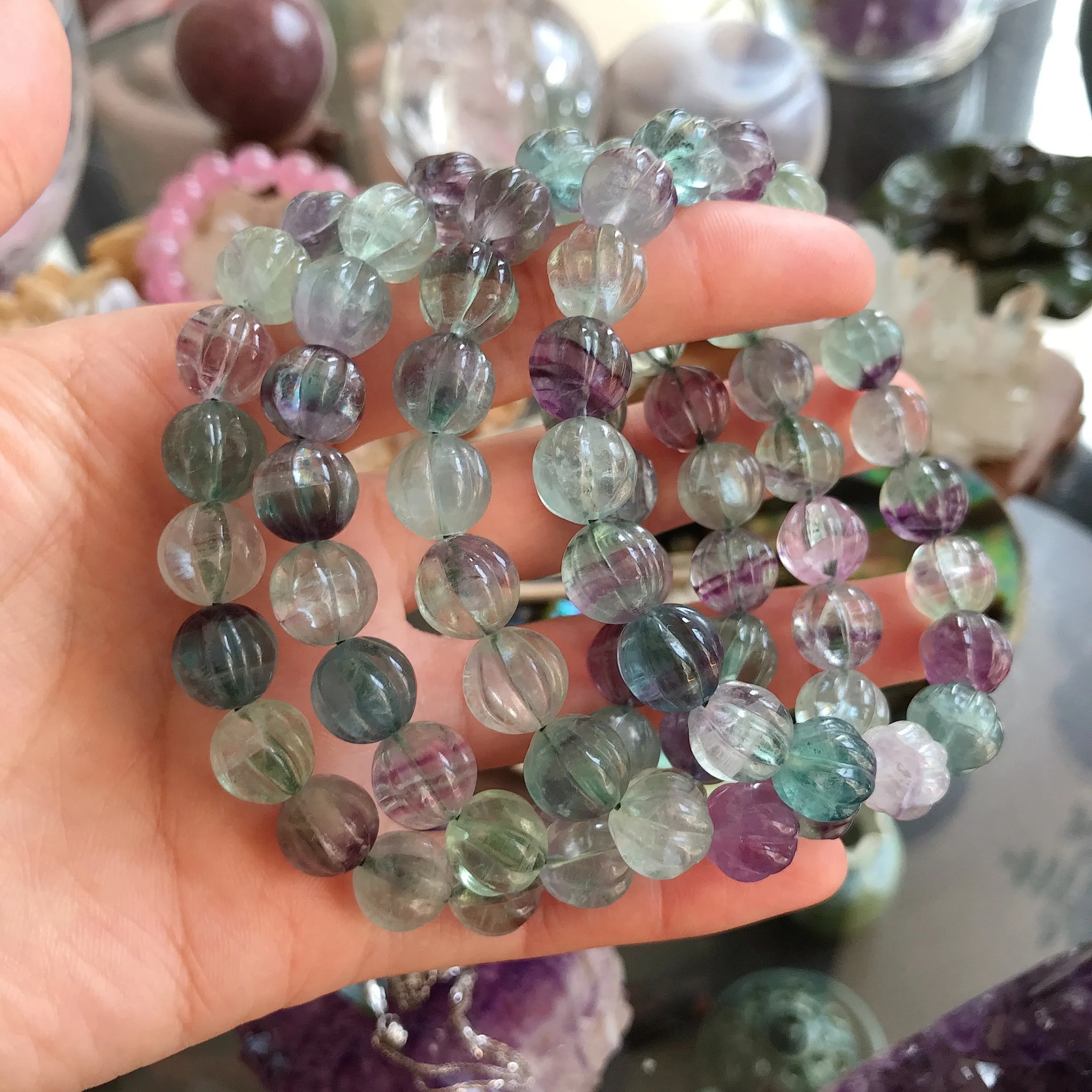 10mm Hand-carved Rainbow Fluorite Bracelet Pisces Capricorn Lucky Stone Pumpkin Shape Elastic Healing Jewelry