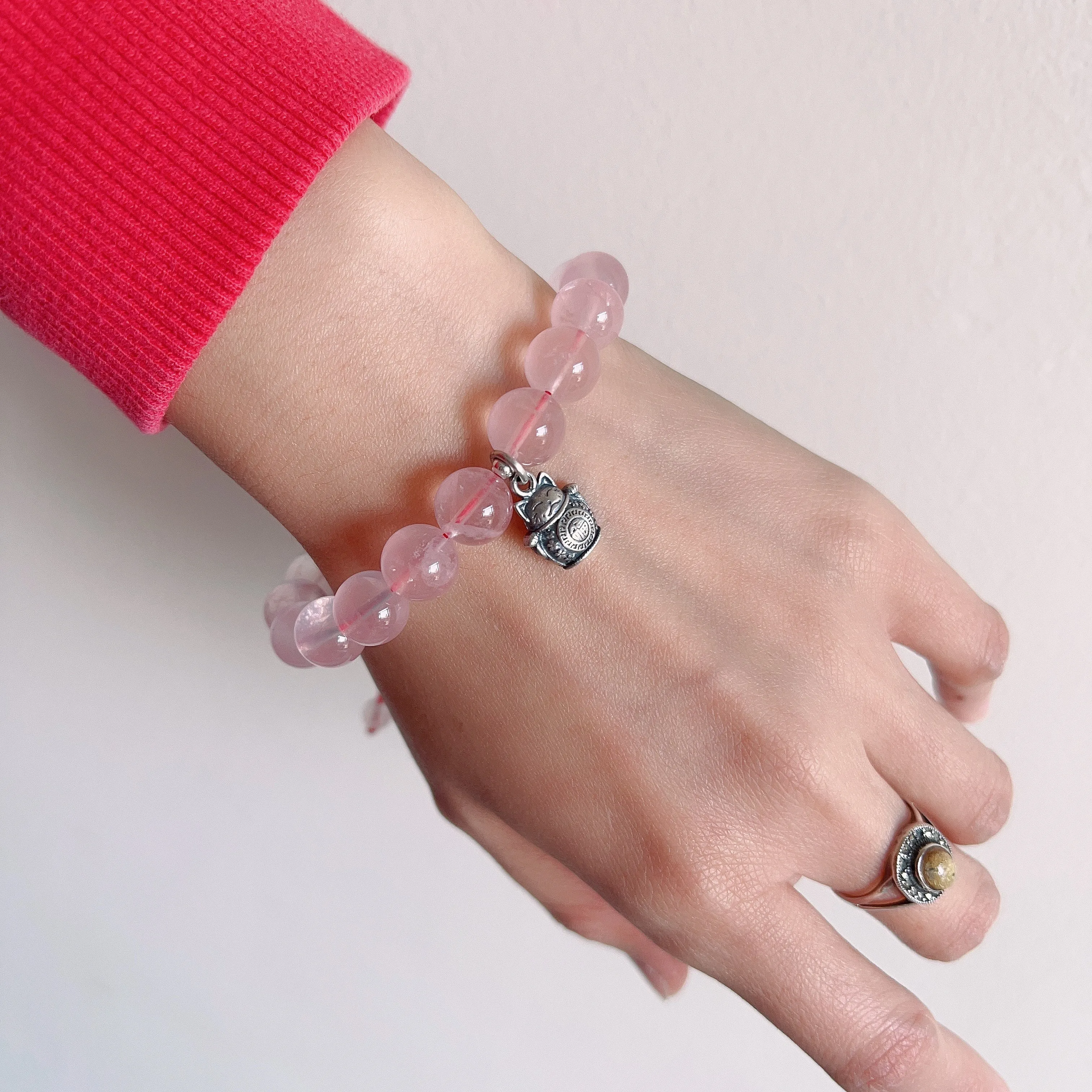 10mm Rose Quartz Braided Bracelet Handmade with 925 Sterling Silver Maneki Neko Pendant 福, 招财进宝 | BLESSING & ATTRACTION OF WEALTH