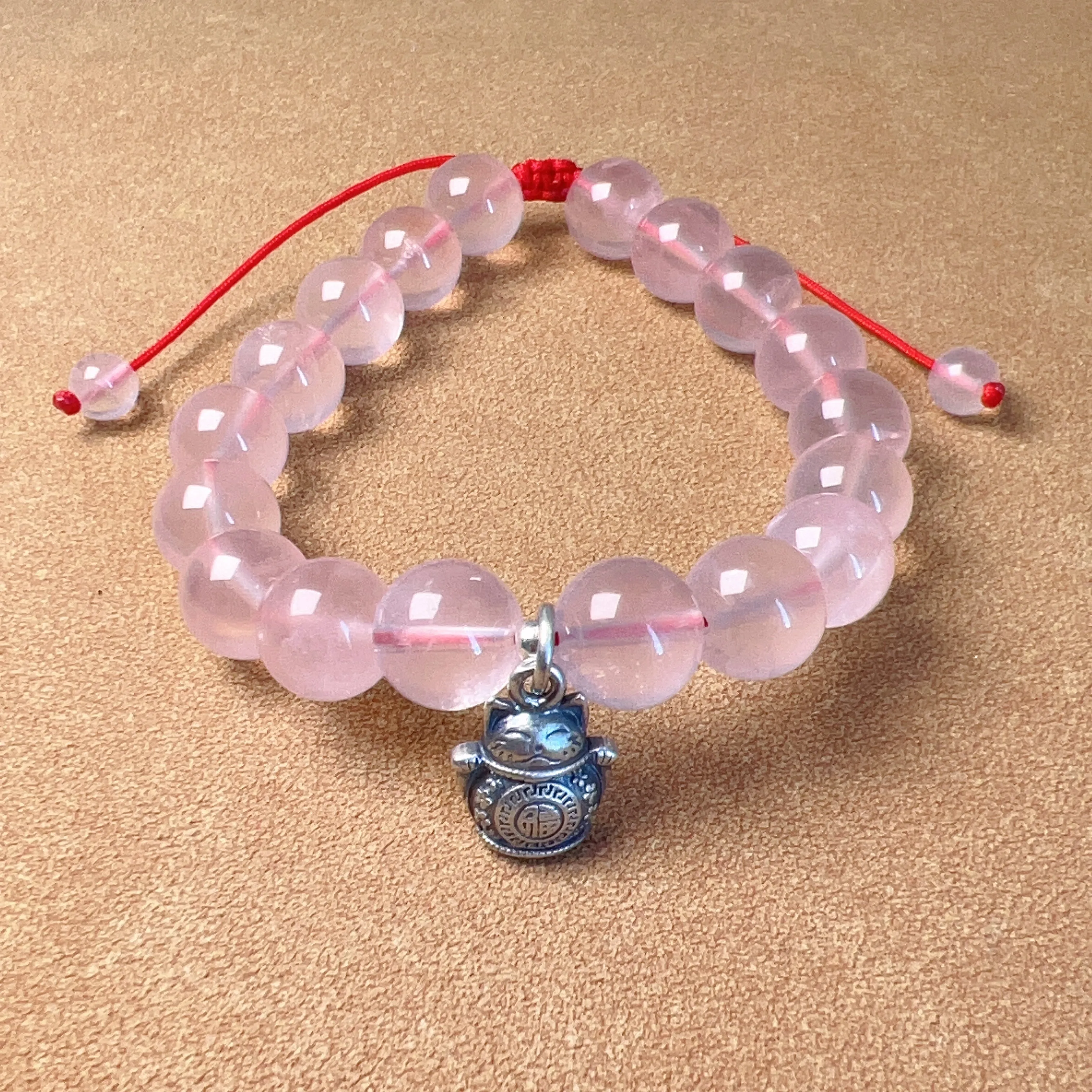 10mm Rose Quartz Braided Bracelet Handmade with 925 Sterling Silver Maneki Neko Pendant 福, 招财进宝 | BLESSING & ATTRACTION OF WEALTH