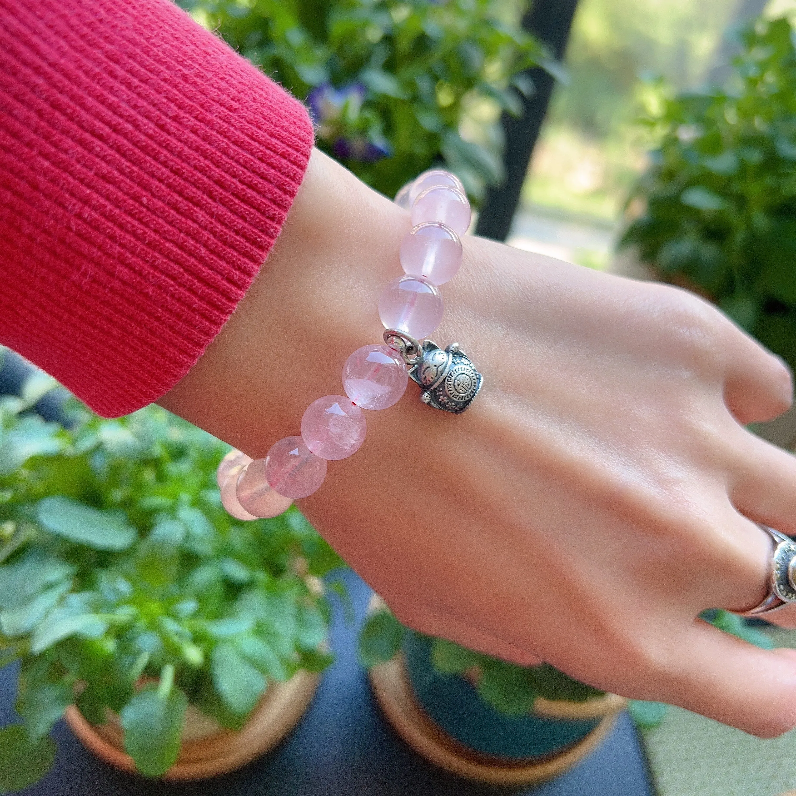 10mm Rose Quartz Braided Bracelet Handmade with 925 Sterling Silver Maneki Neko Pendant 福, 招财进宝 | BLESSING & ATTRACTION OF WEALTH