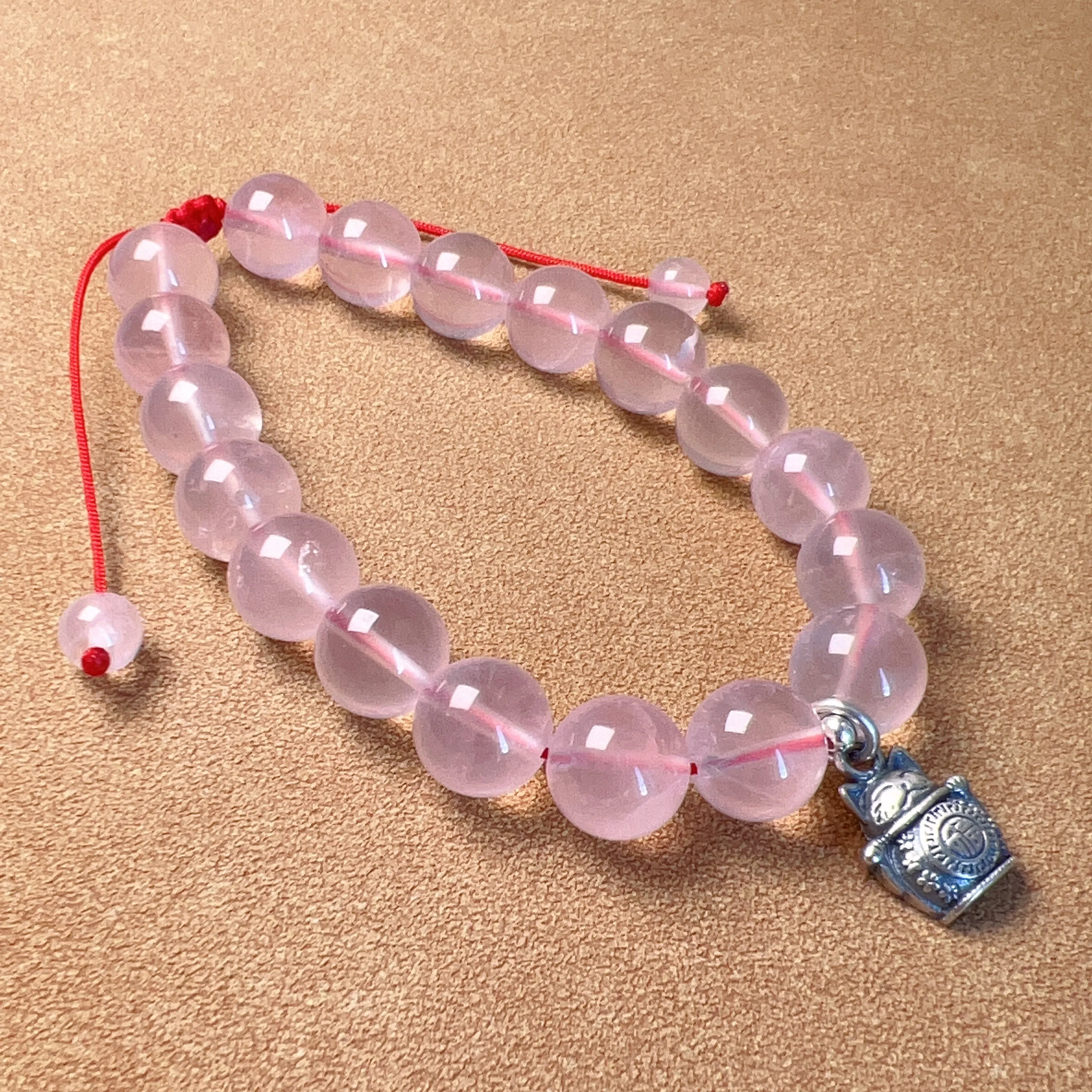 10mm Rose Quartz Braided Bracelet Handmade with 925 Sterling Silver Maneki Neko Pendant 福, 招财进宝 | BLESSING & ATTRACTION OF WEALTH