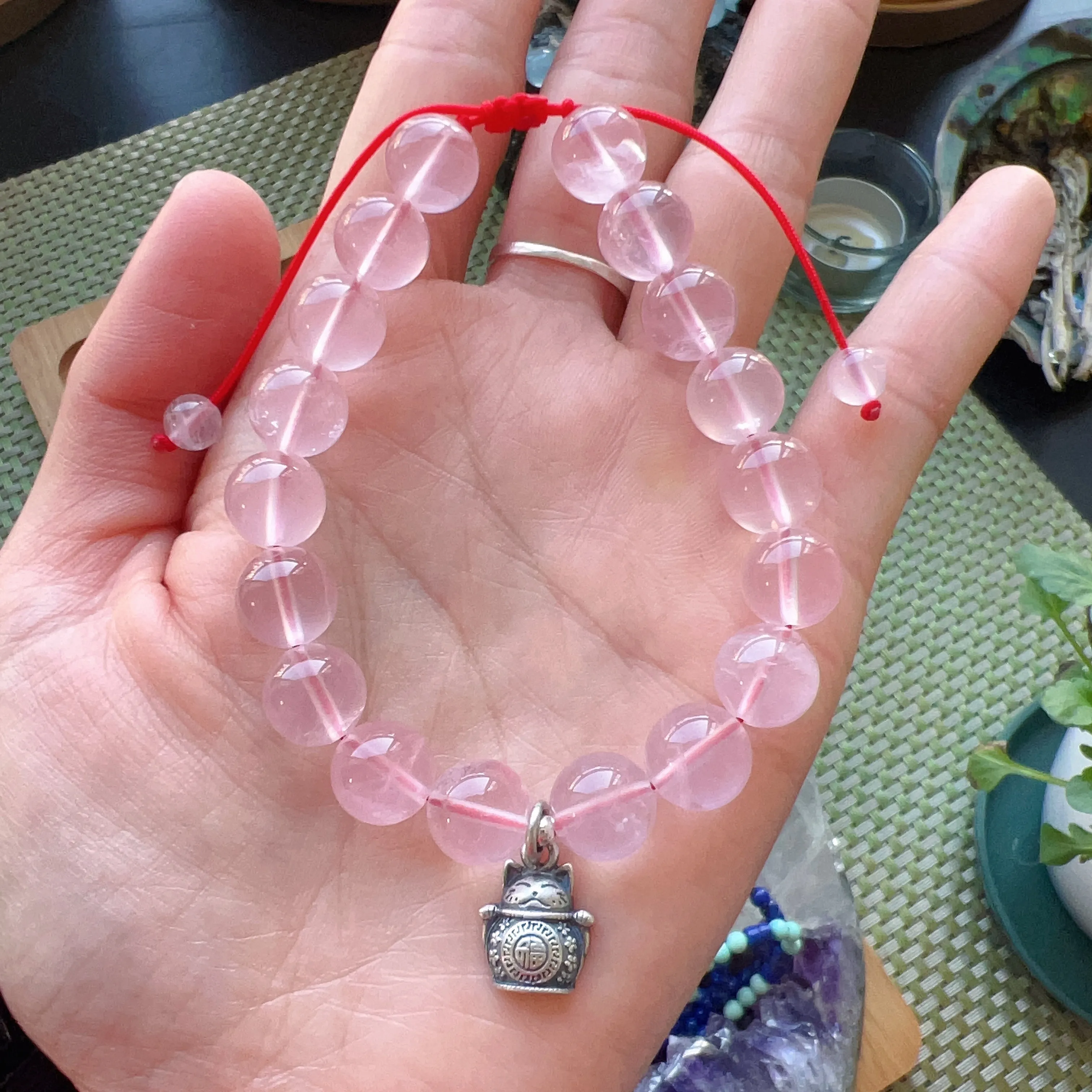 10mm Rose Quartz Braided Bracelet Handmade with 925 Sterling Silver Maneki Neko Pendant 福, 招财进宝 | BLESSING & ATTRACTION OF WEALTH