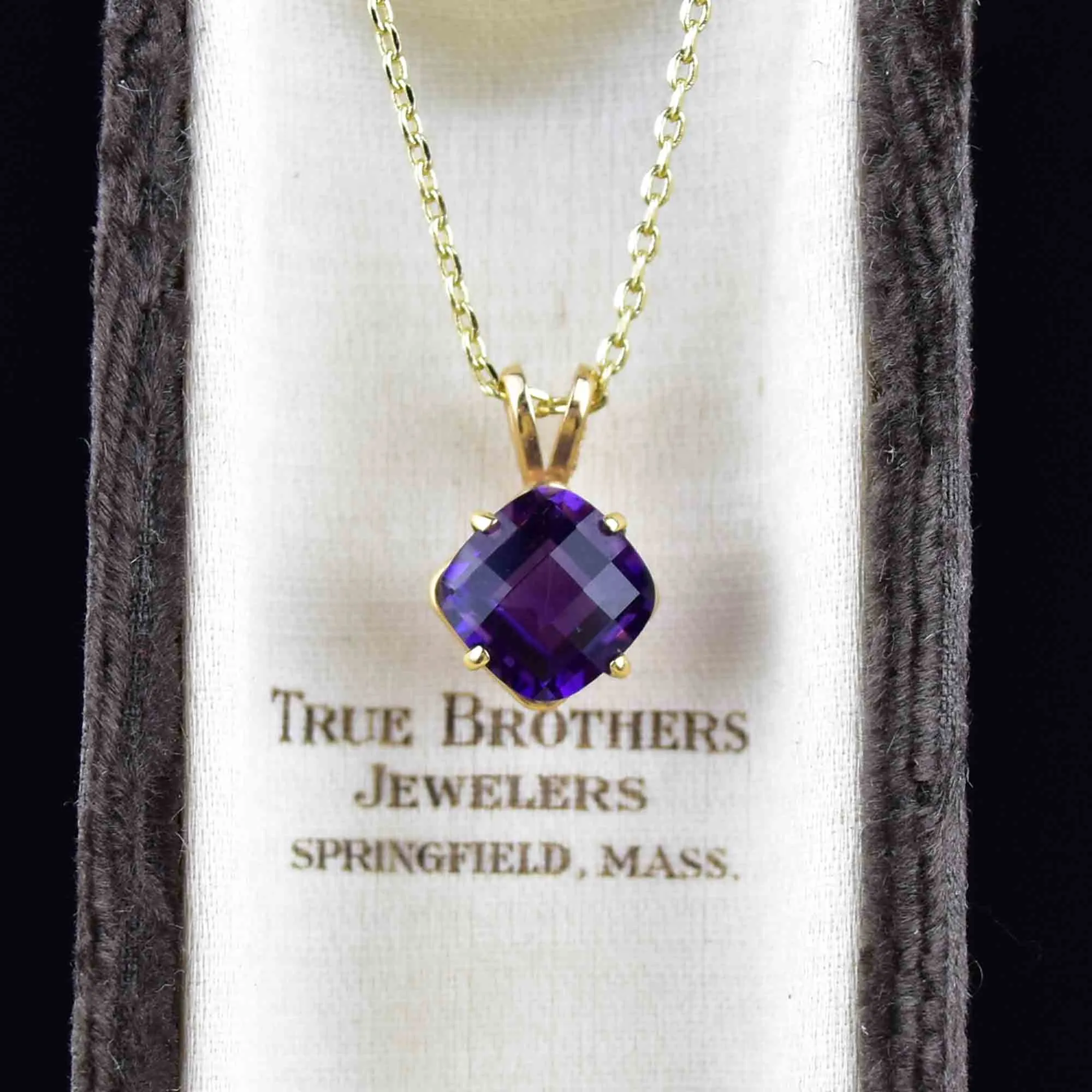 14K Gold Checkerboard Amethyst Pendant Necklace