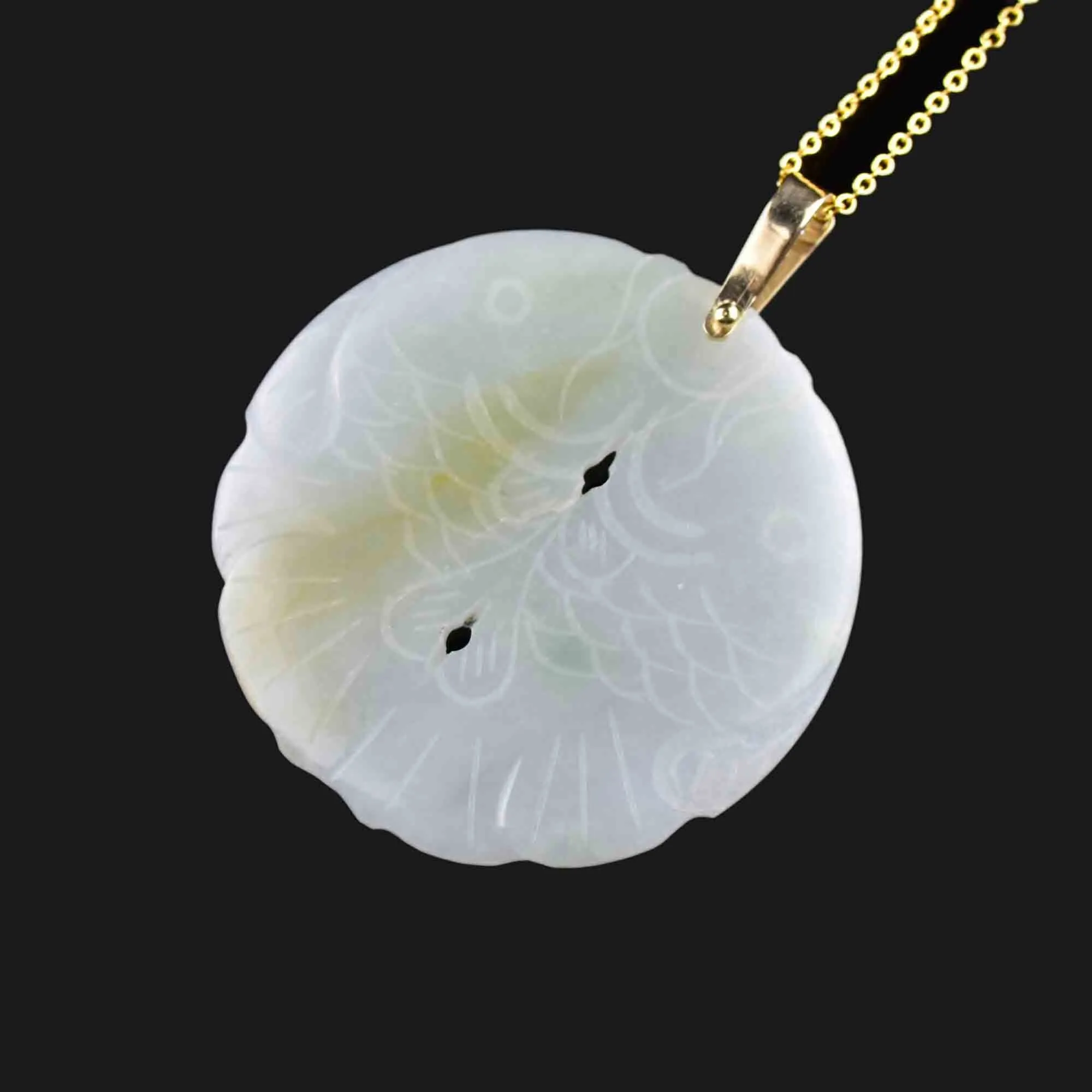 14K Gold Diamond Emerald Jade Fish Pendant Necklace