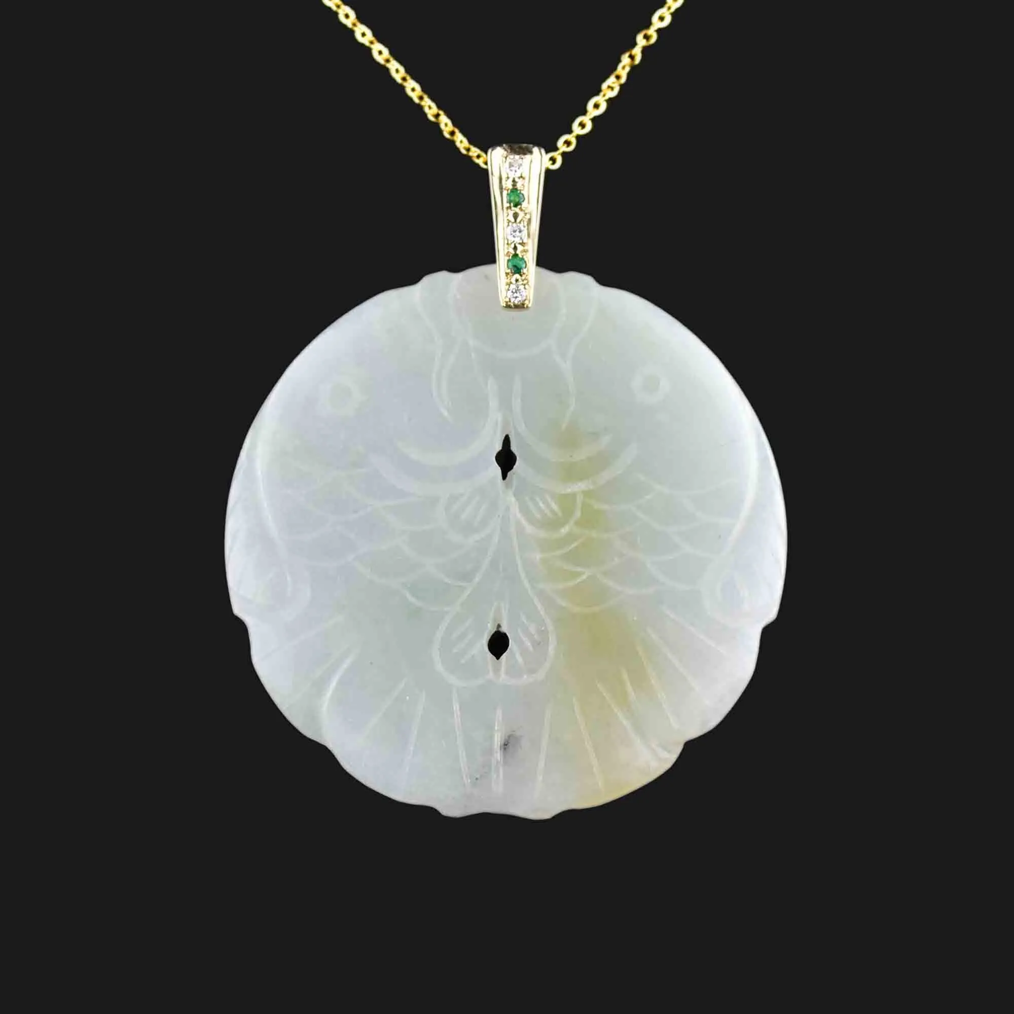 14K Gold Diamond Emerald Jade Fish Pendant Necklace