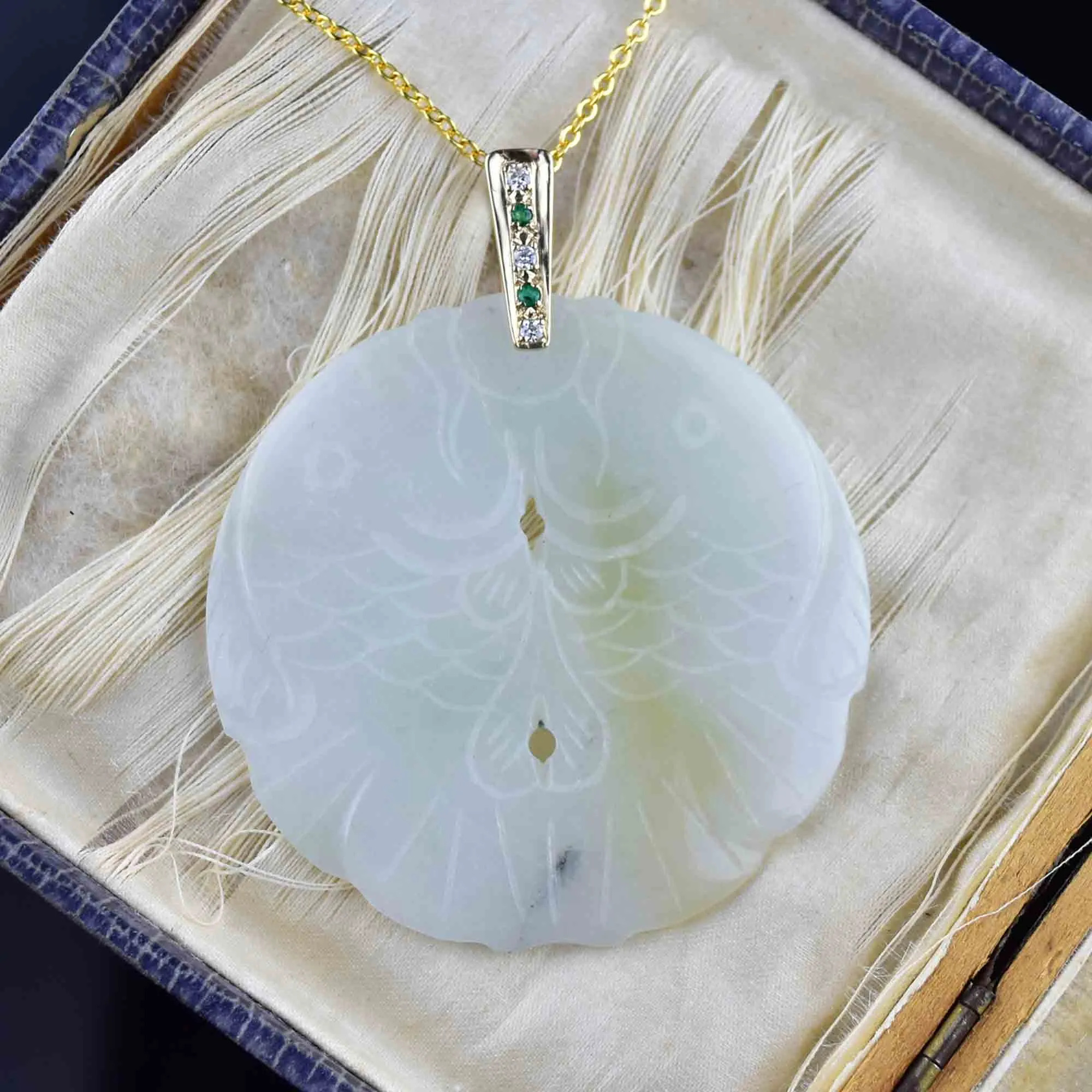 14K Gold Diamond Emerald Jade Fish Pendant Necklace