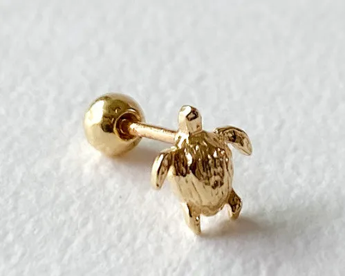 14K Solid Gold Lucky Turtle Tragus Cartilage Helix Conch Earring Barbell Piercing Stud