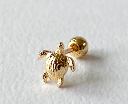 14K Solid Gold Lucky Turtle Tragus Cartilage Helix Conch Earring Barbell Piercing Stud