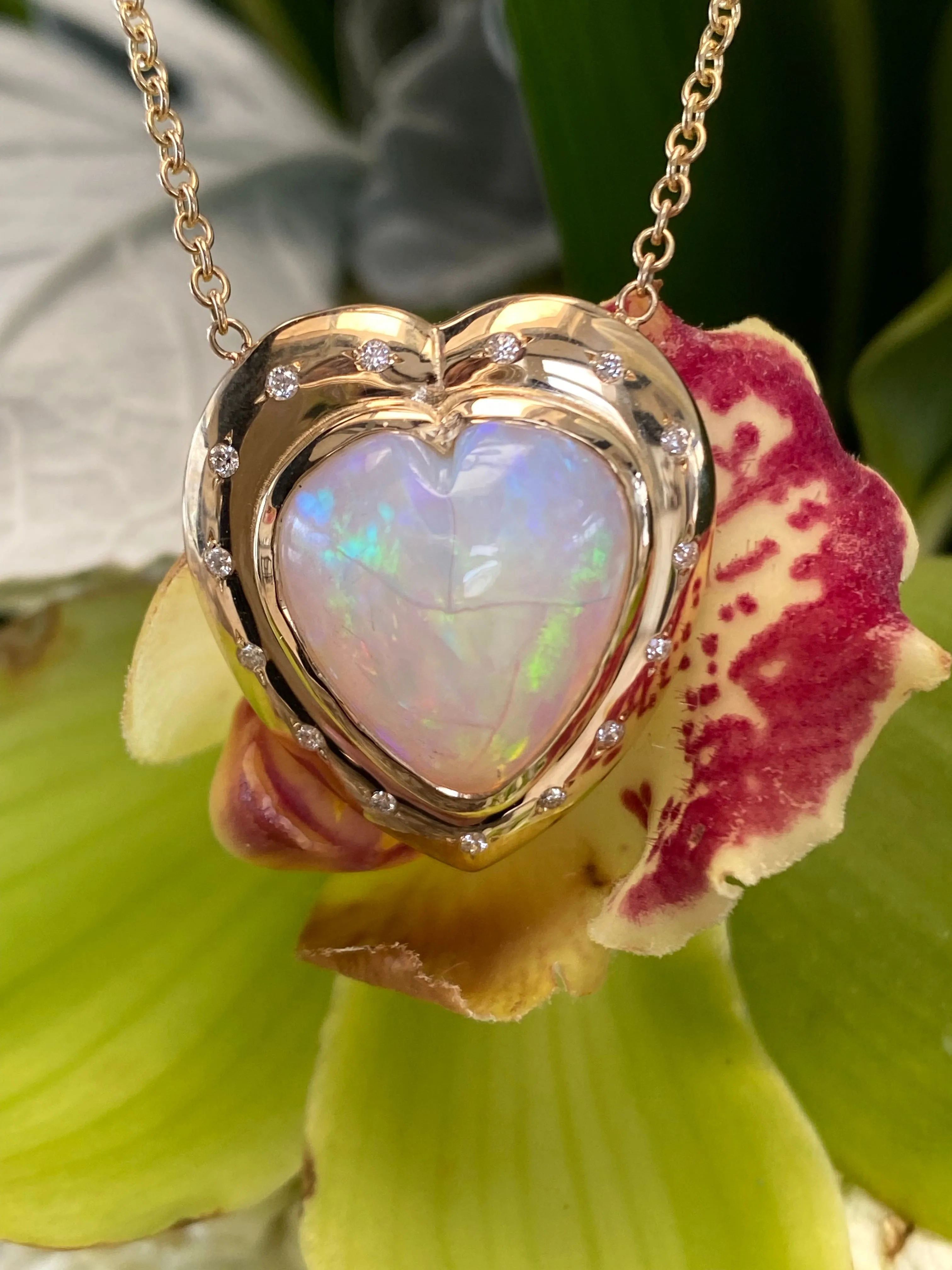 14K YG Heart Shaped Ethiopian Opal and Diamond Necklace