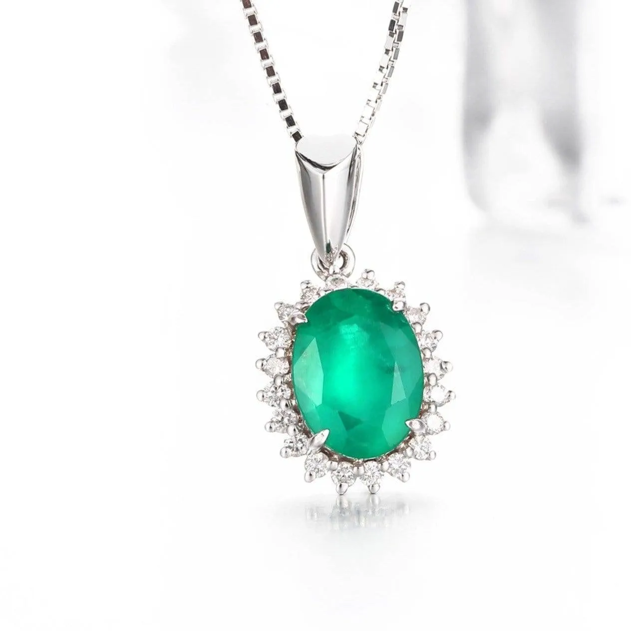 18K White Gold Emerald & 1/6 CTW Diamond Pendant Necklace