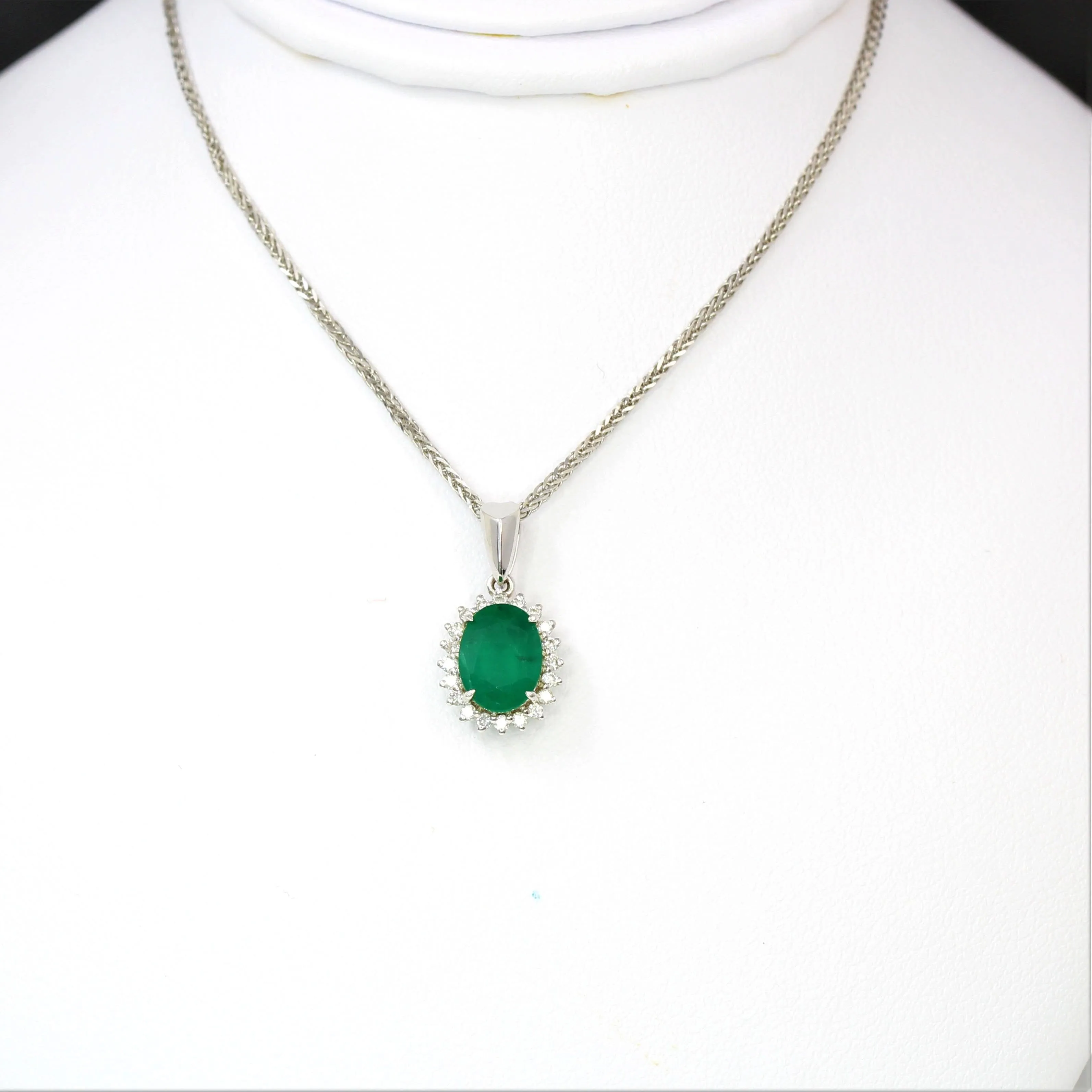 18K White Gold Emerald & 1/6 CTW Diamond Pendant Necklace