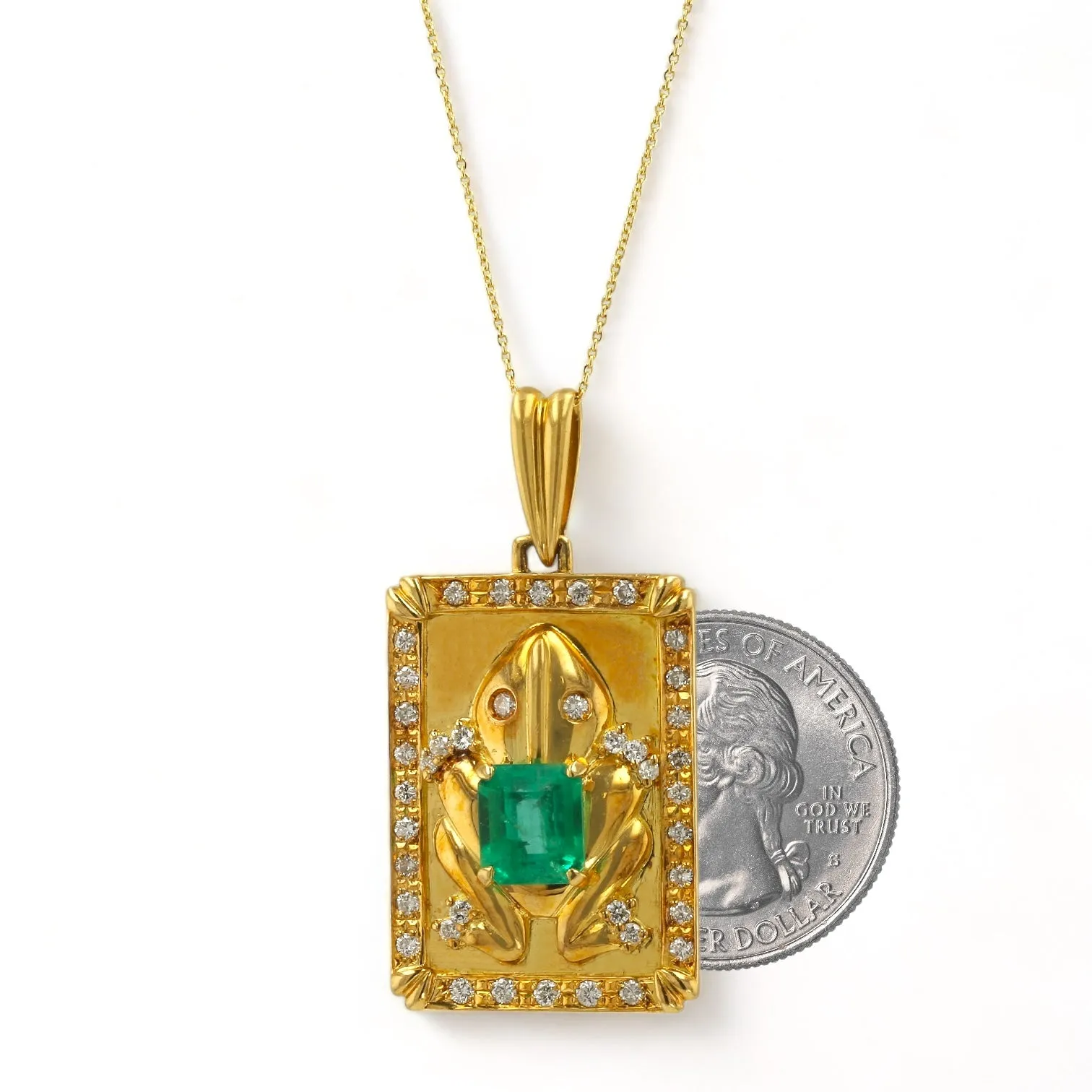 18K Yellow Gold solid lucky Frog Pendant with Emerald and Diamonds - 16150