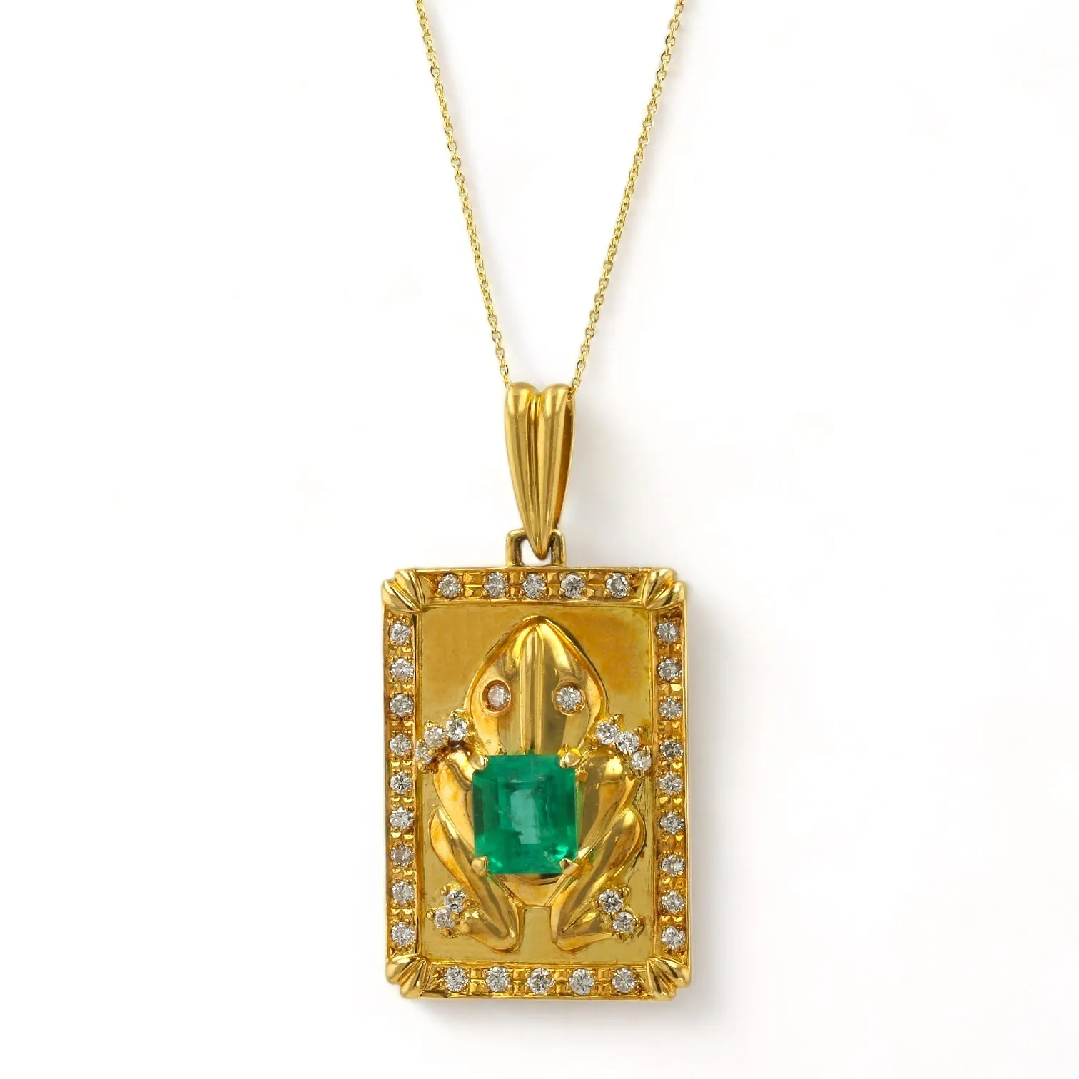 18K Yellow Gold solid lucky Frog Pendant with Emerald and Diamonds - 16150