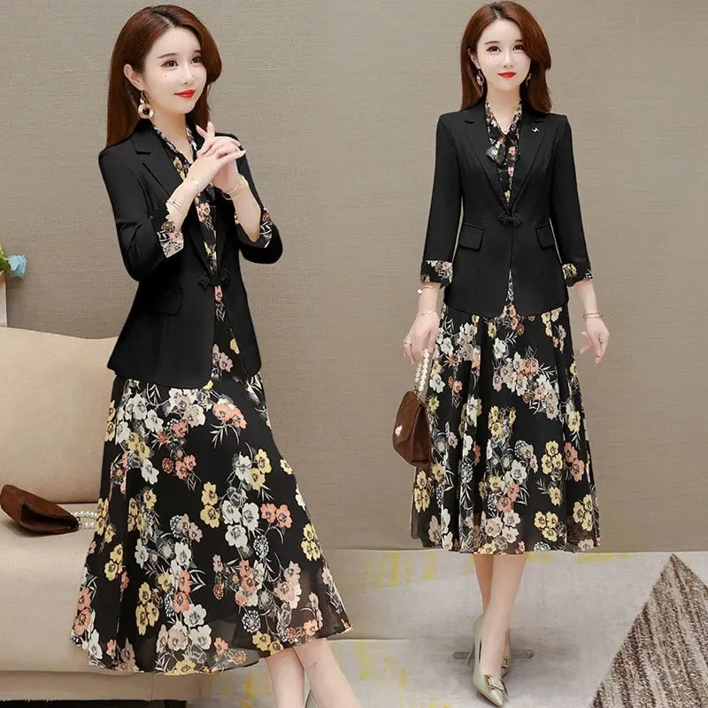 2022 Spring Autumn New Suit Jacket Dress Two-piece Women&#39;s Elegant Blazers Floral Long Skirt Set Female Office Professional Wear