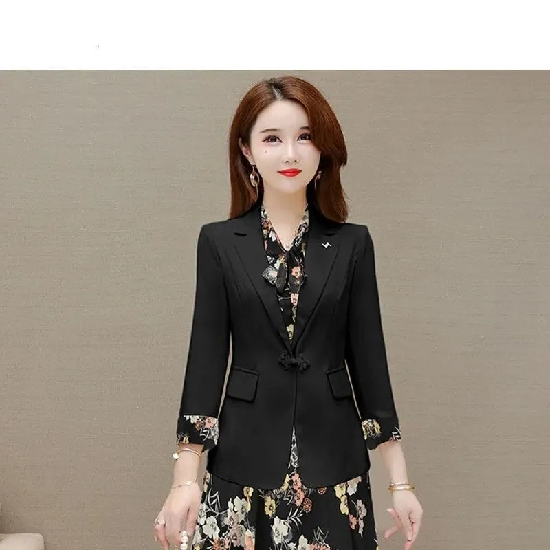 2022 Spring Autumn New Suit Jacket Dress Two-piece Women&#39;s Elegant Blazers Floral Long Skirt Set Female Office Professional Wear