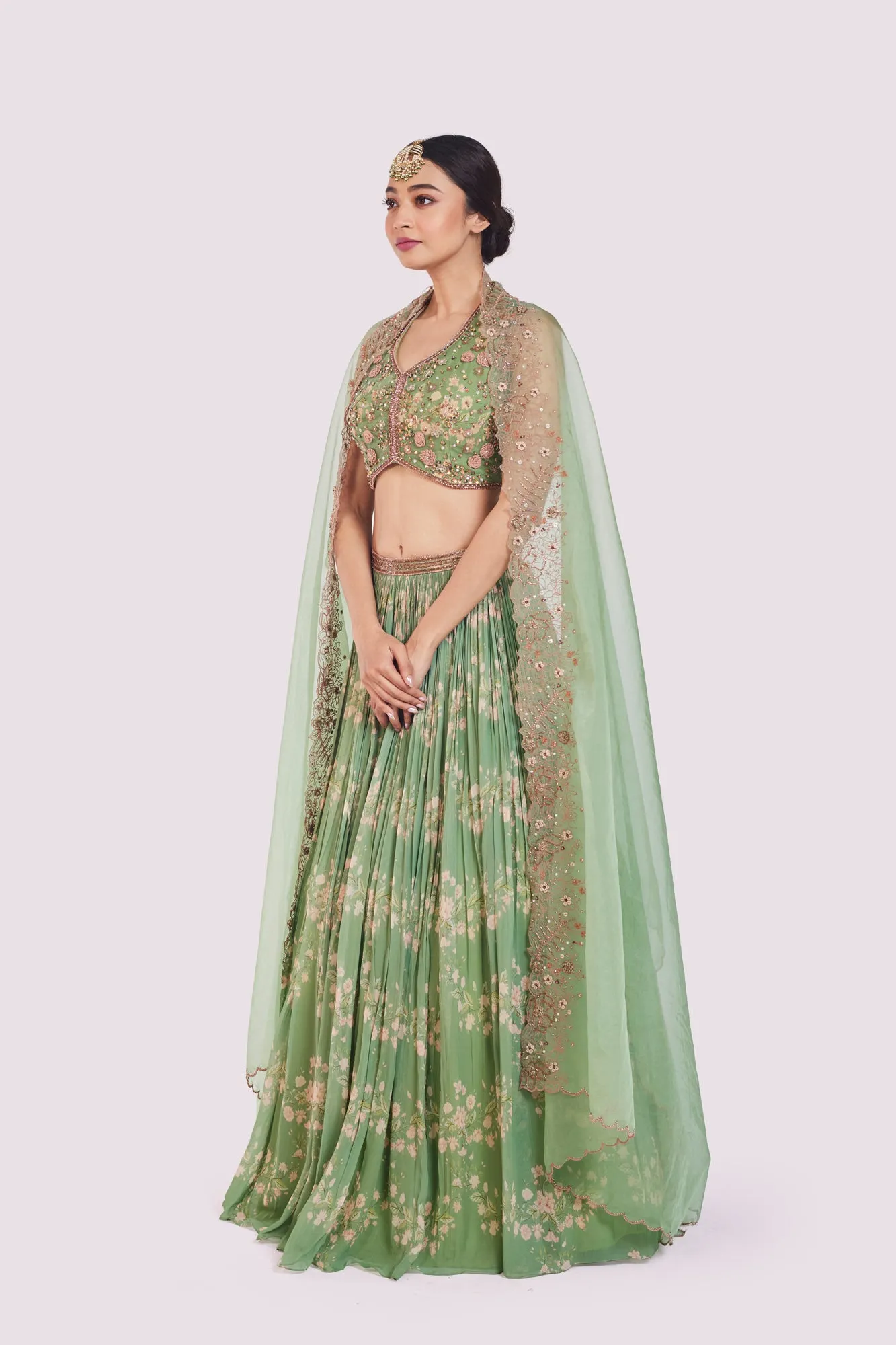 30Z360-RO Sea Green Printed Embellished Georgette Lehenga