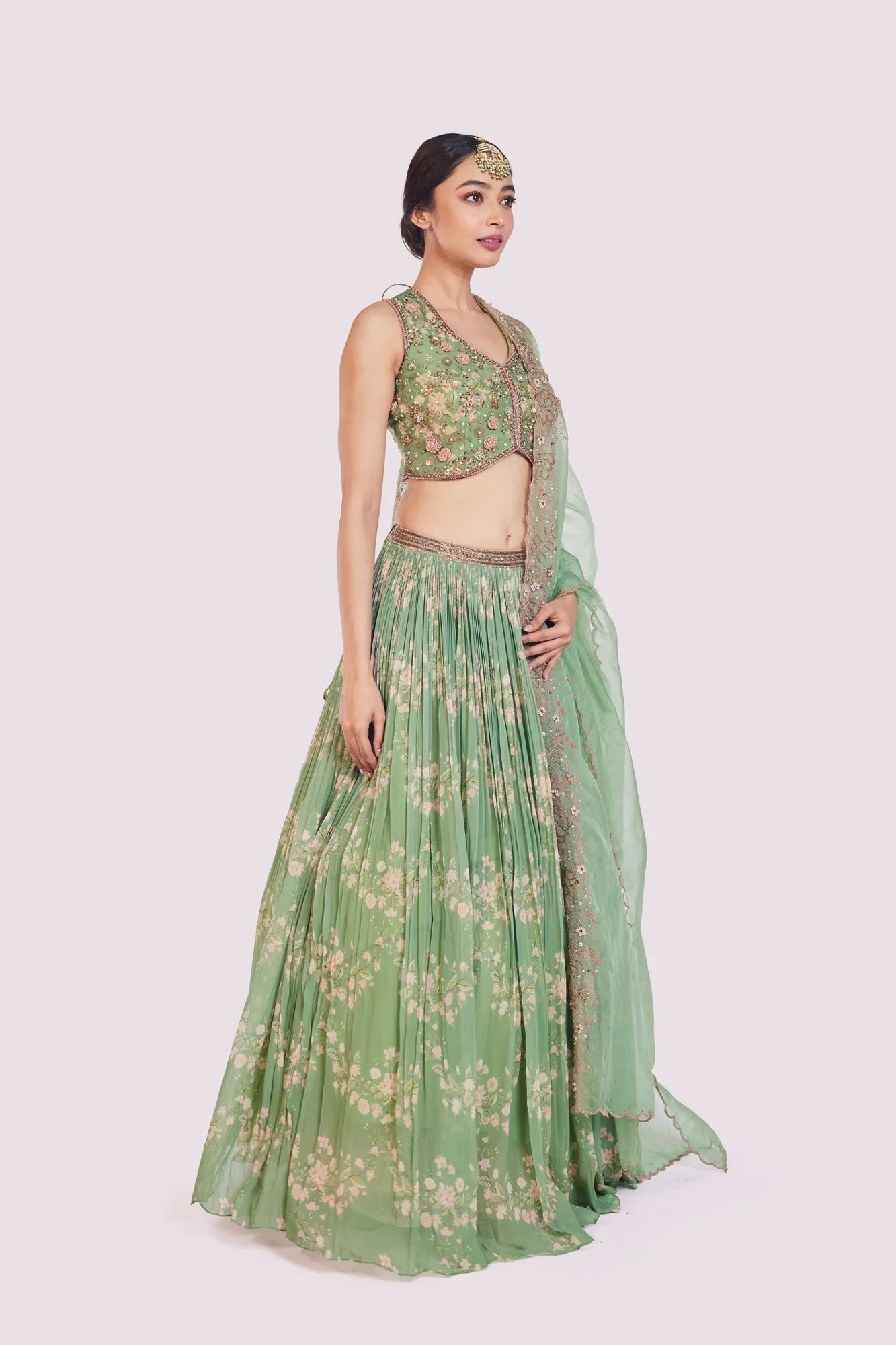 30Z360-RO Sea Green Printed Embellished Georgette Lehenga