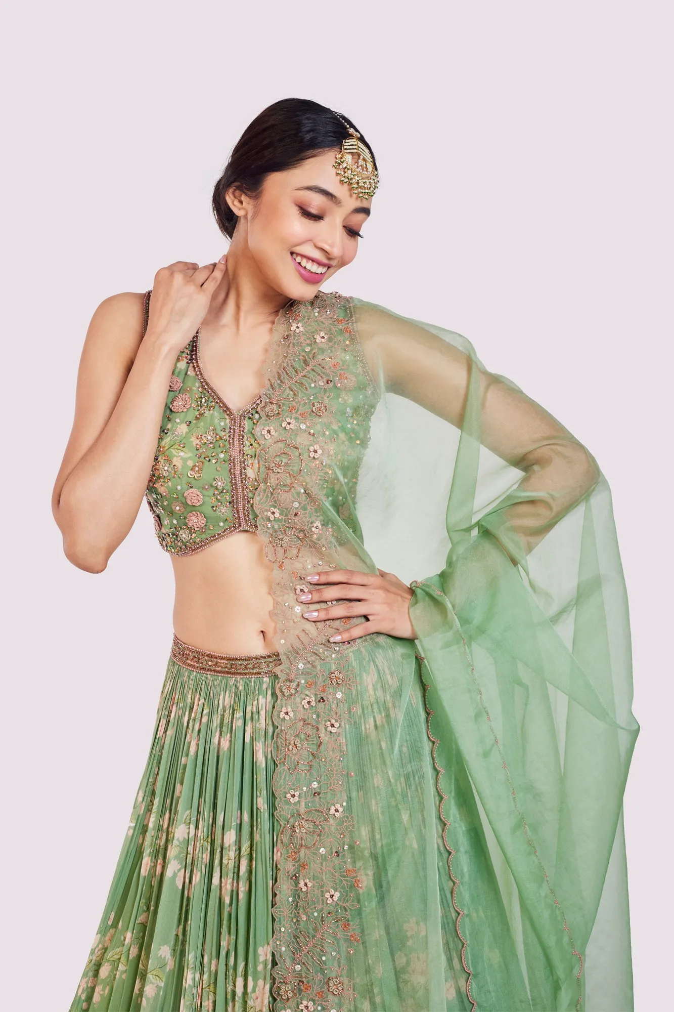 30Z360-RO Sea Green Printed Embellished Georgette Lehenga