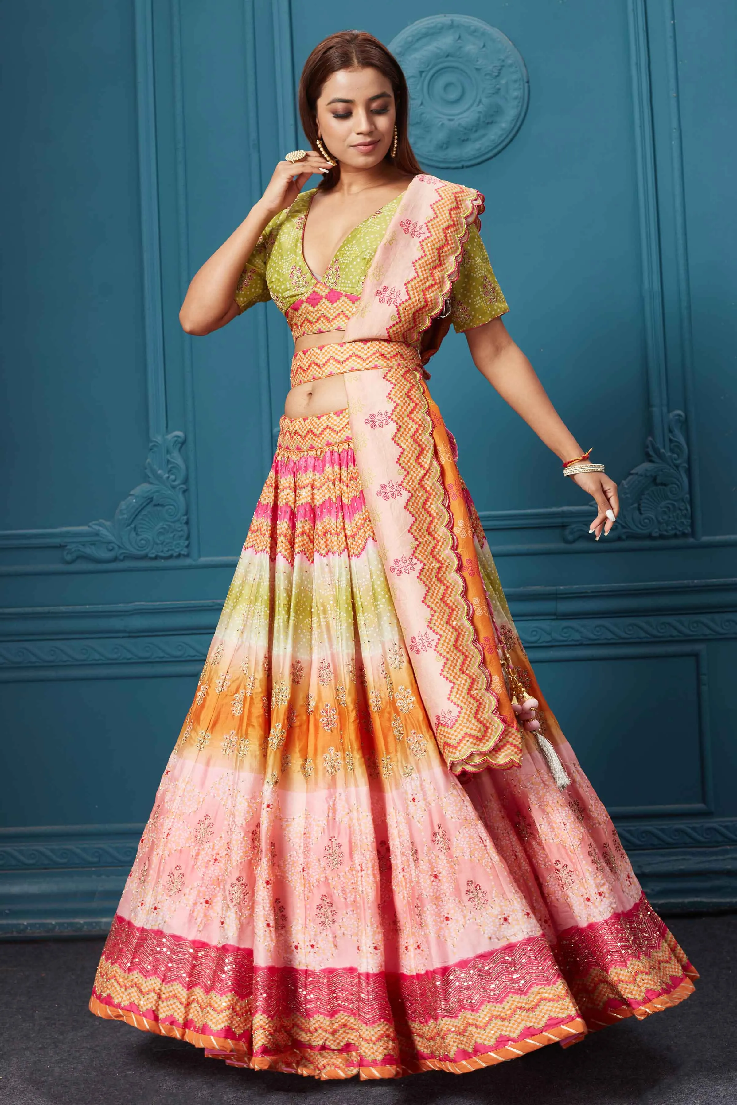 310028 Multicolor Embroidered Lehenga with Dupatta