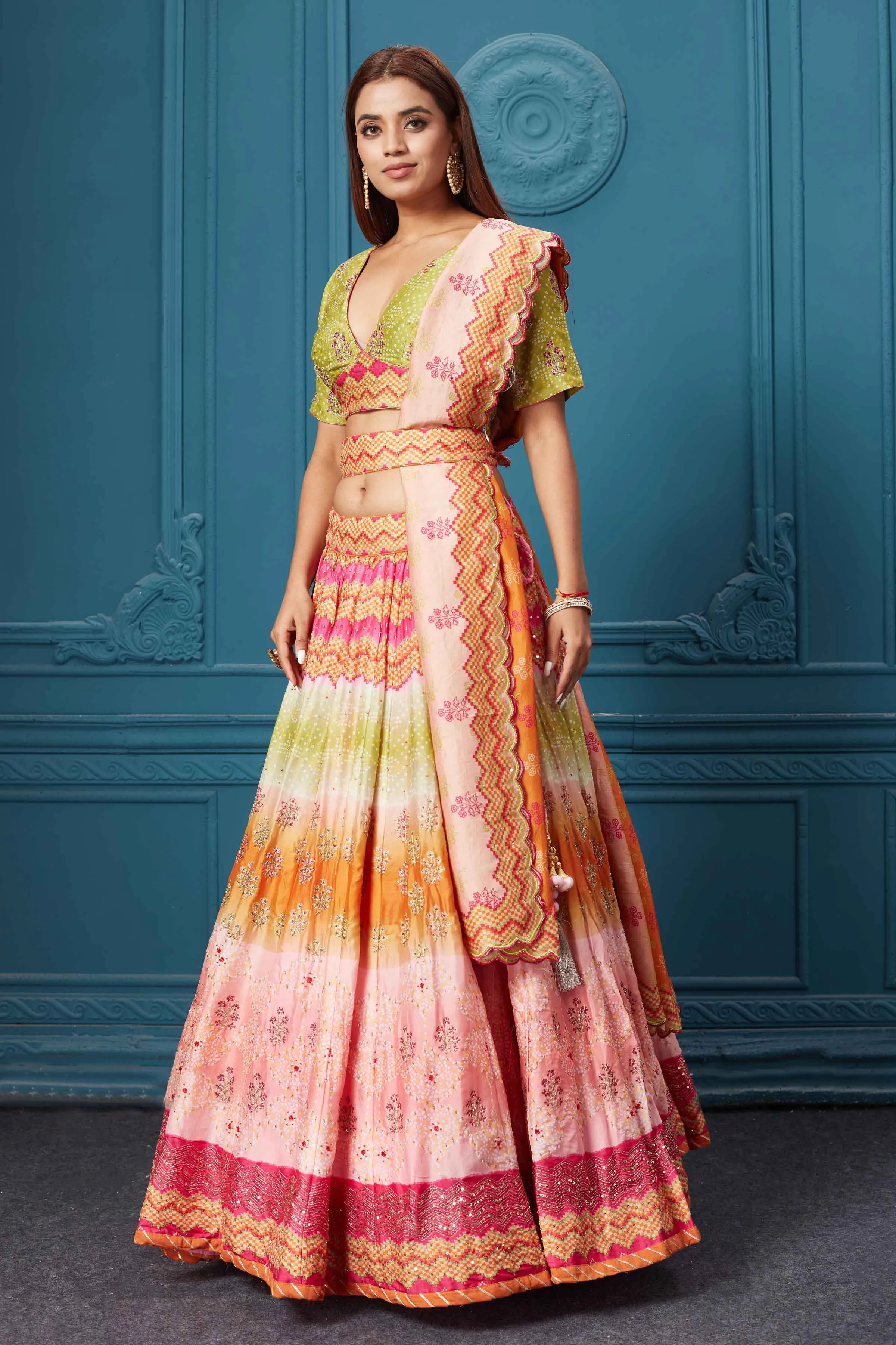 310028 Multicolor Embroidered Lehenga with Dupatta