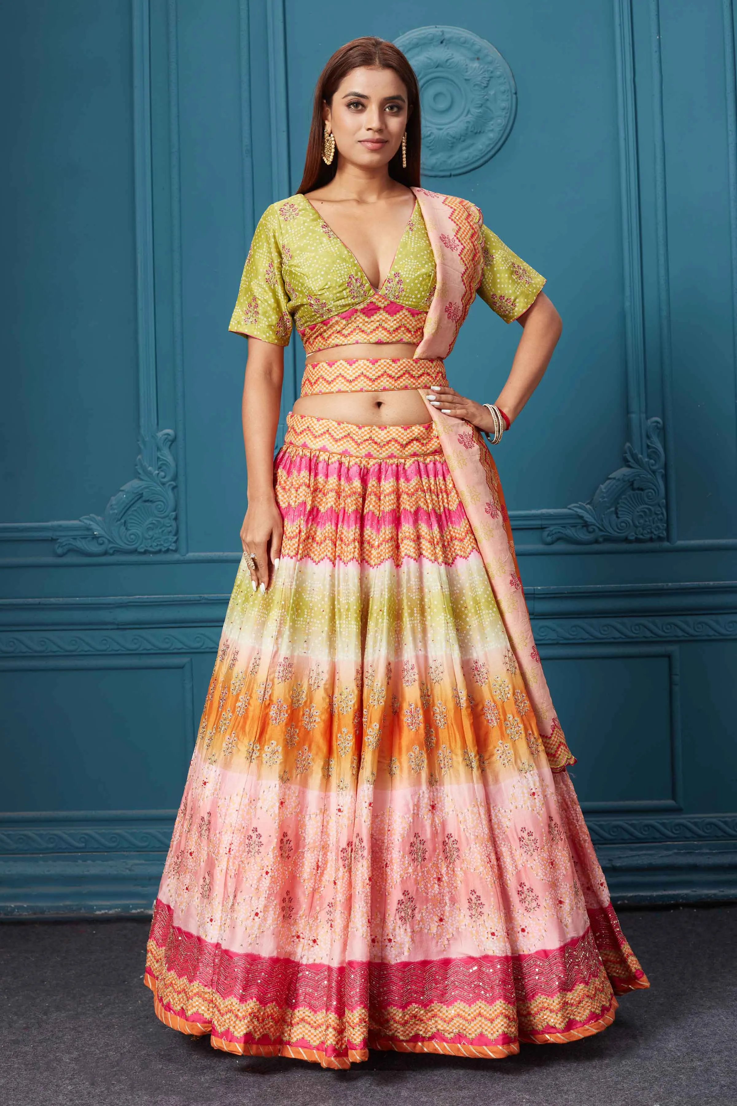 310028 Multicolor Embroidered Lehenga with Dupatta