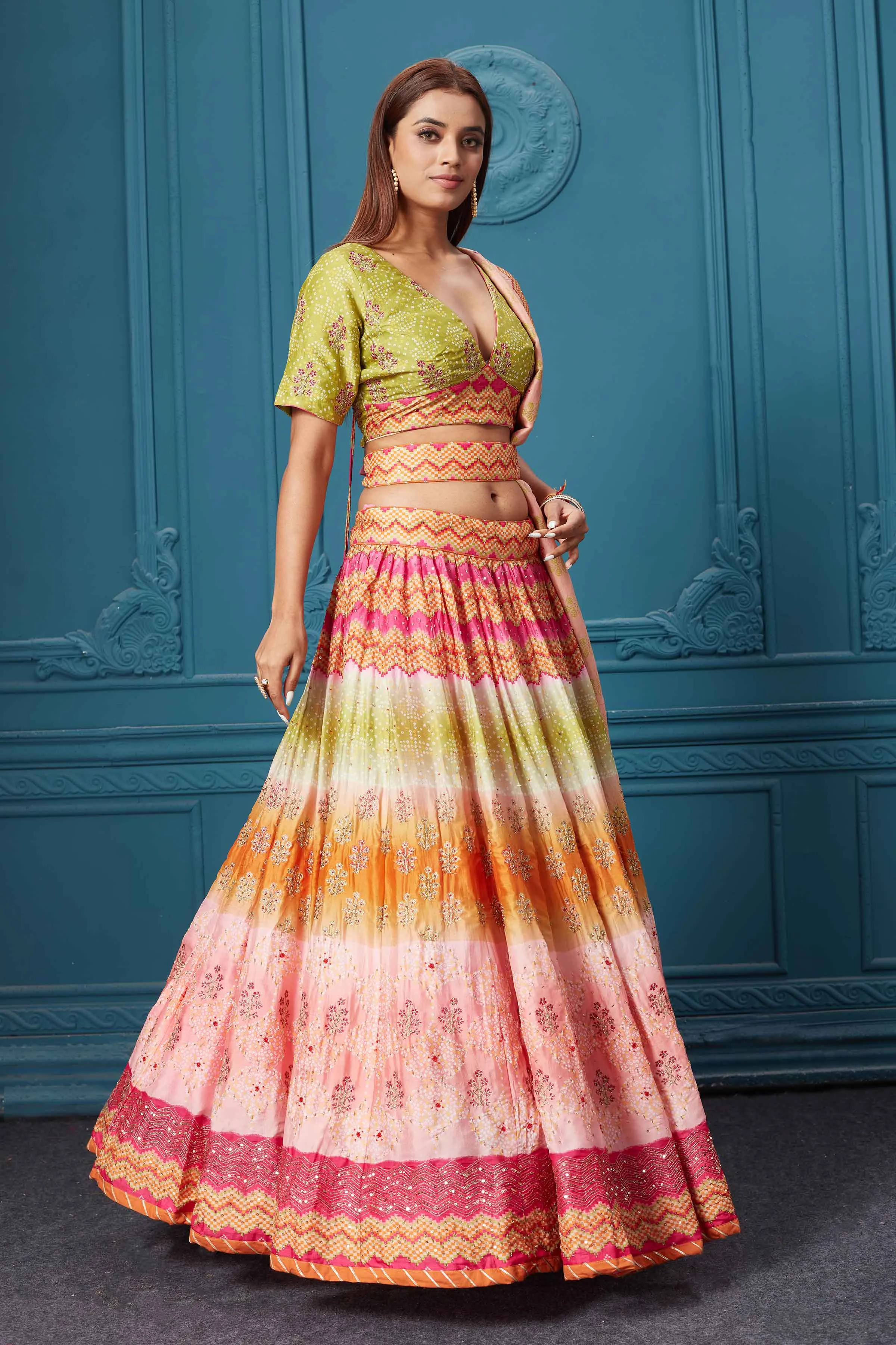 310028 Multicolor Embroidered Lehenga with Dupatta