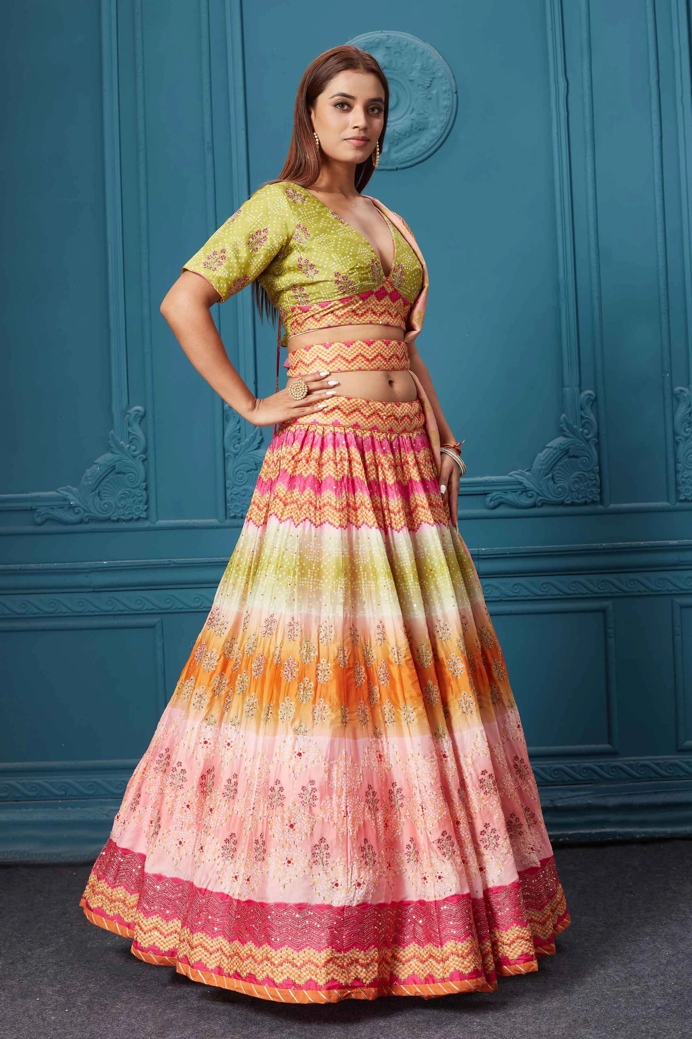 310028 Multicolor Embroidered Lehenga with Dupatta