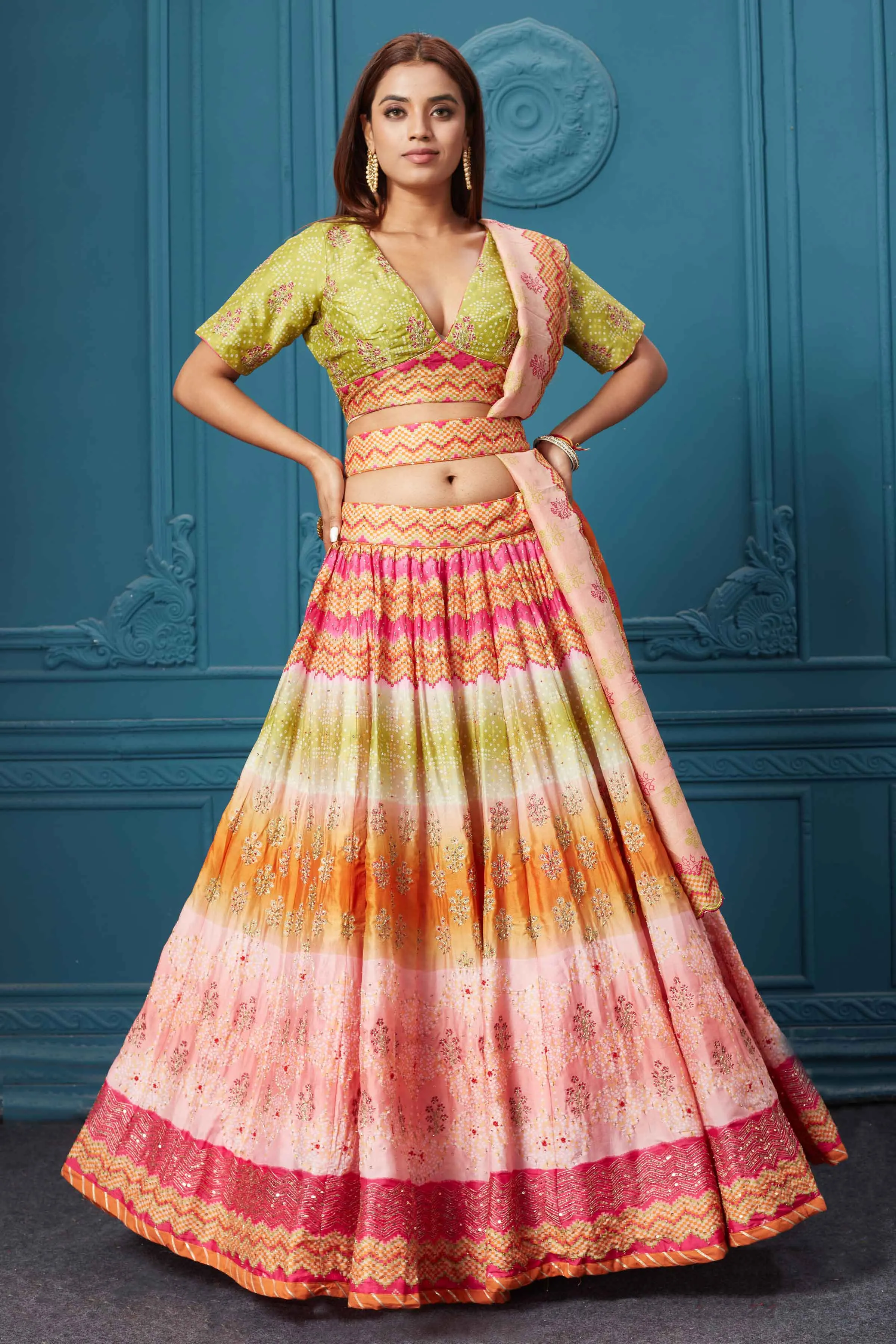 310028 Multicolor Embroidered Lehenga with Dupatta