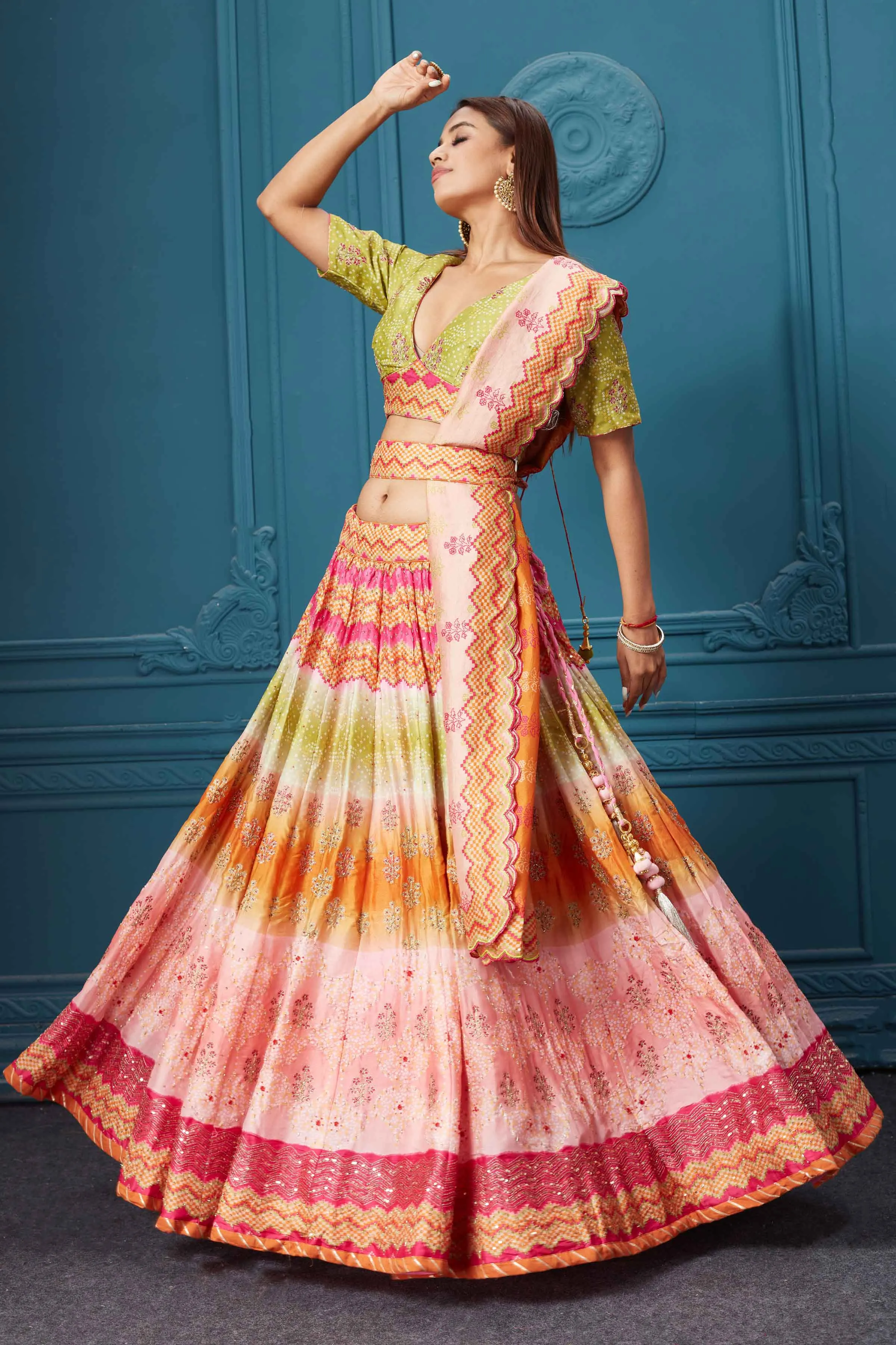 310028 Multicolor Embroidered Lehenga with Dupatta