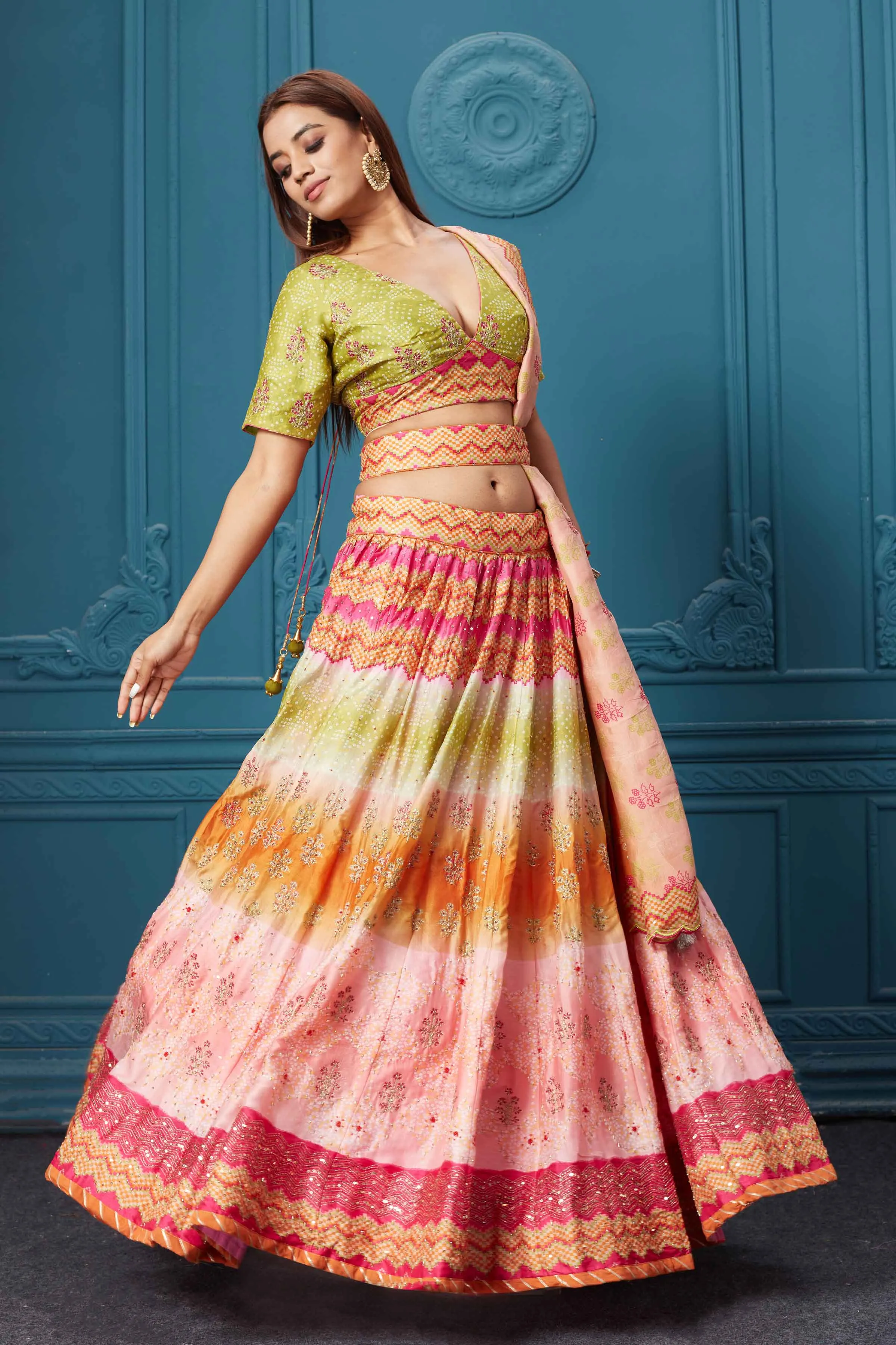 310028 Multicolor Embroidered Lehenga with Dupatta