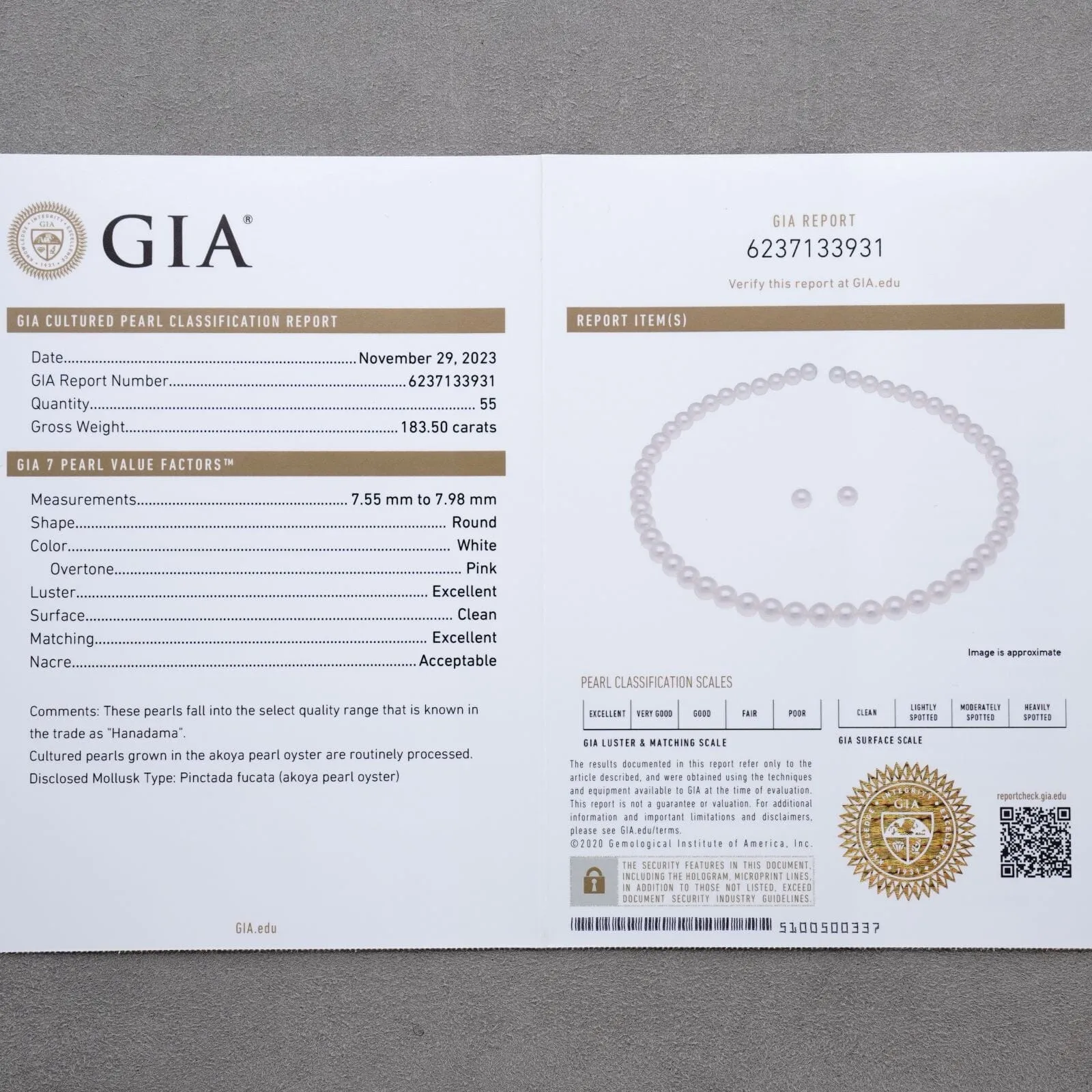 7.55-7.98 mm GIA Certified Hanadama Akoya Pearl Necklace & Earrings Set