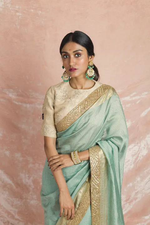 90Z075-RO Mint Green Embroidered Handloom Saree with Cream Saree Blouse