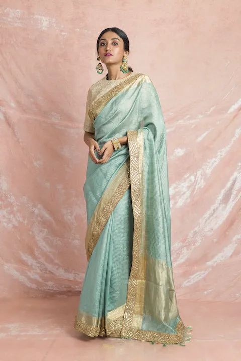 90Z075-RO Mint Green Embroidered Handloom Saree with Cream Saree Blouse