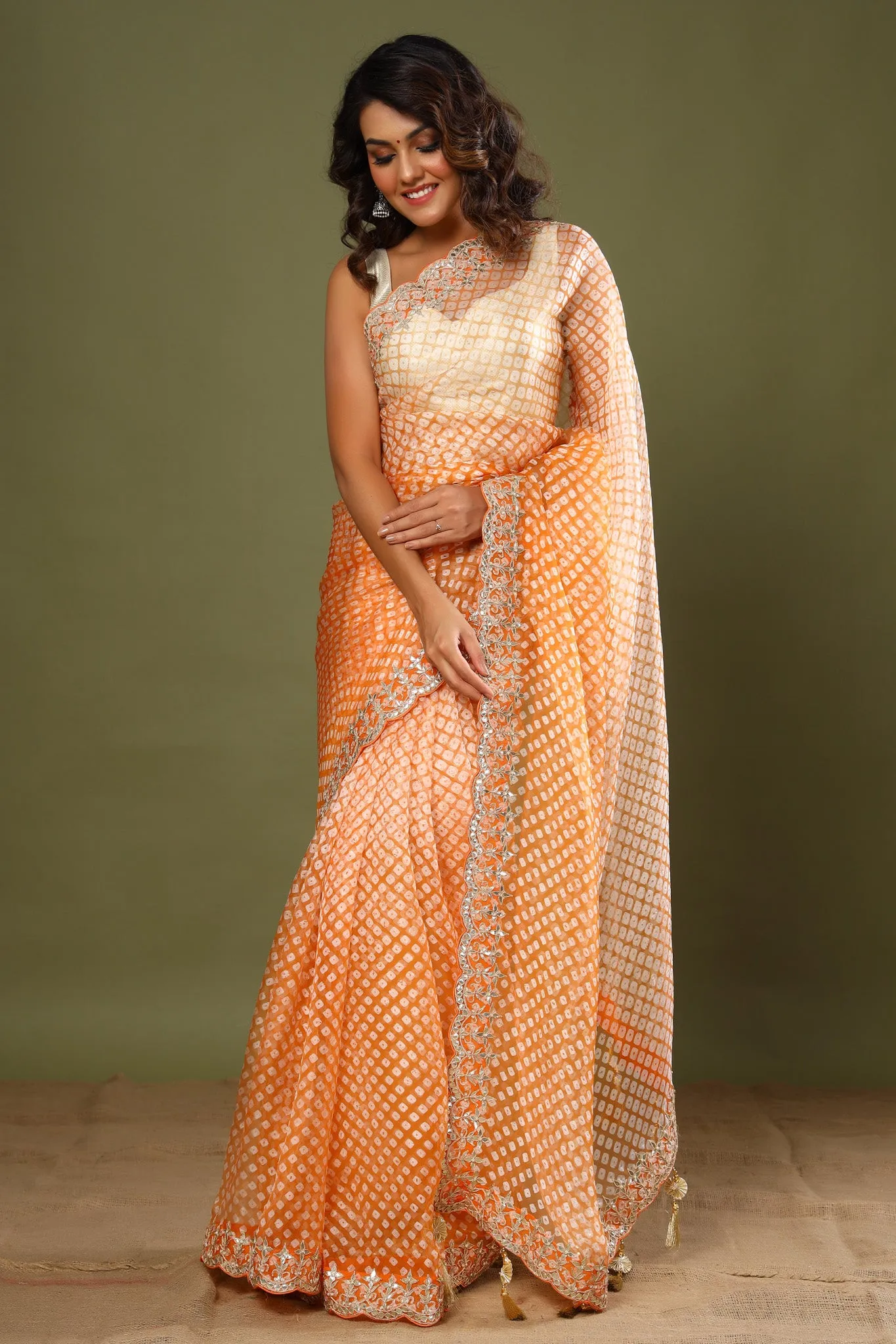 90Z461-NRO Light Orange Bandhej Embroidered Organza Sari