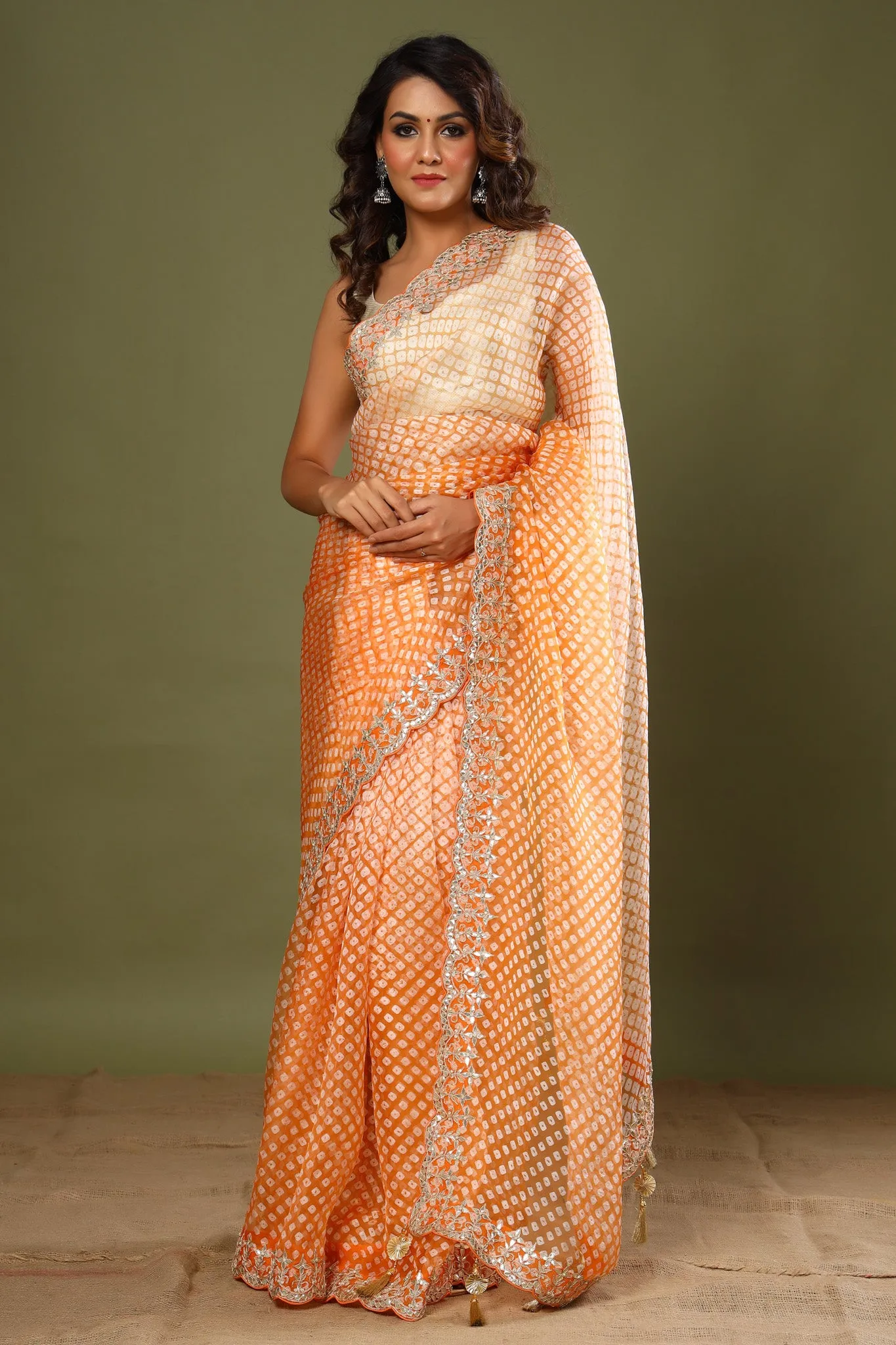 90Z461-NRO Light Orange Bandhej Embroidered Organza Sari