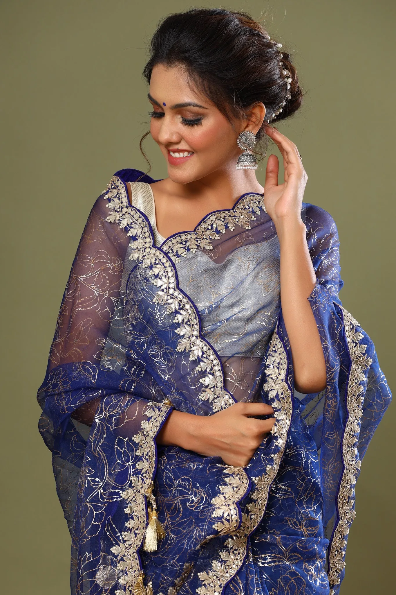 90Z466-NRO Royal Blue Embroidered Organza Saree