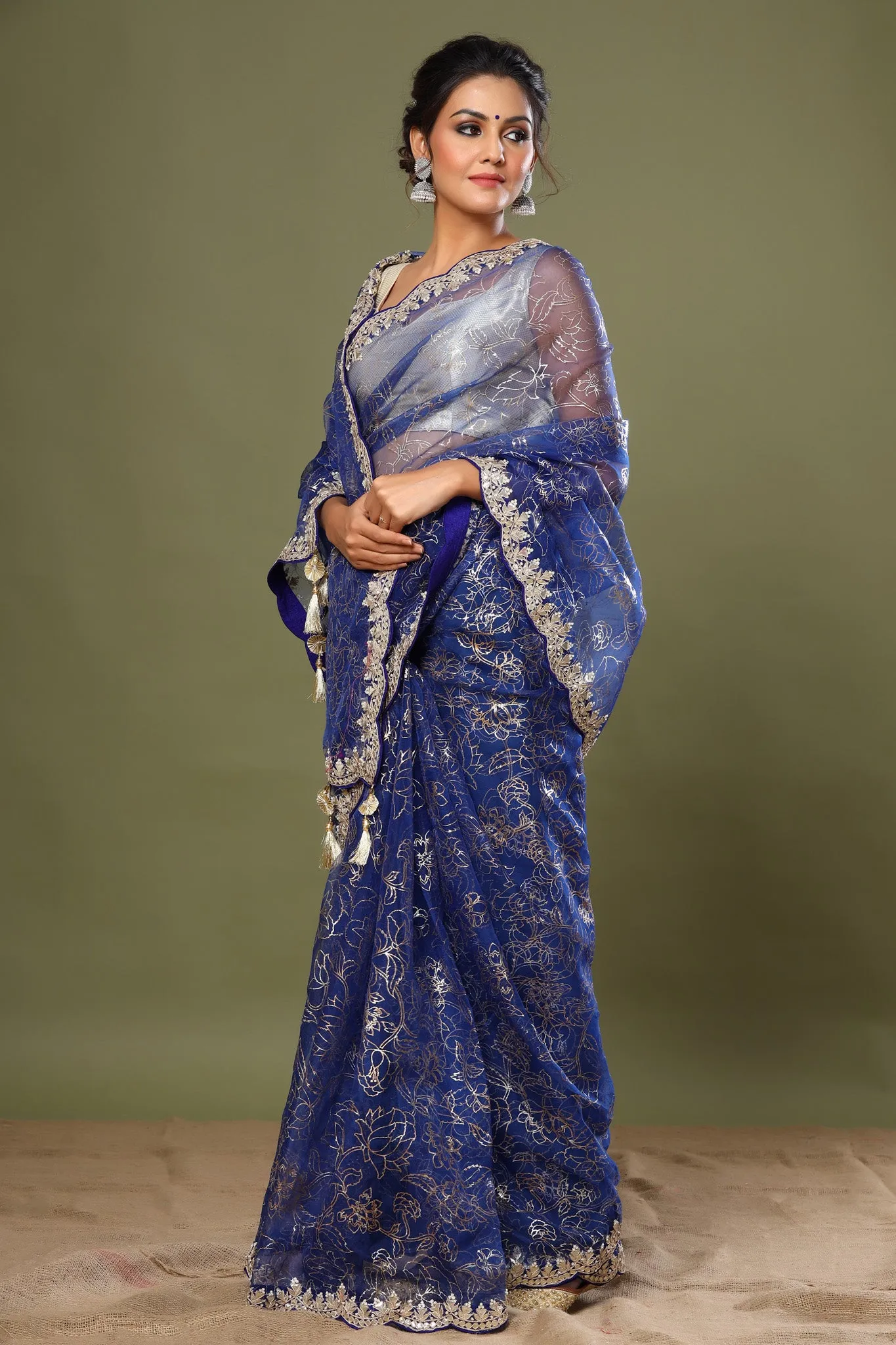 90Z466-NRO Royal Blue Embroidered Organza Saree