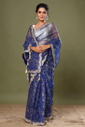 90Z466-NRO Royal Blue Embroidered Organza Saree