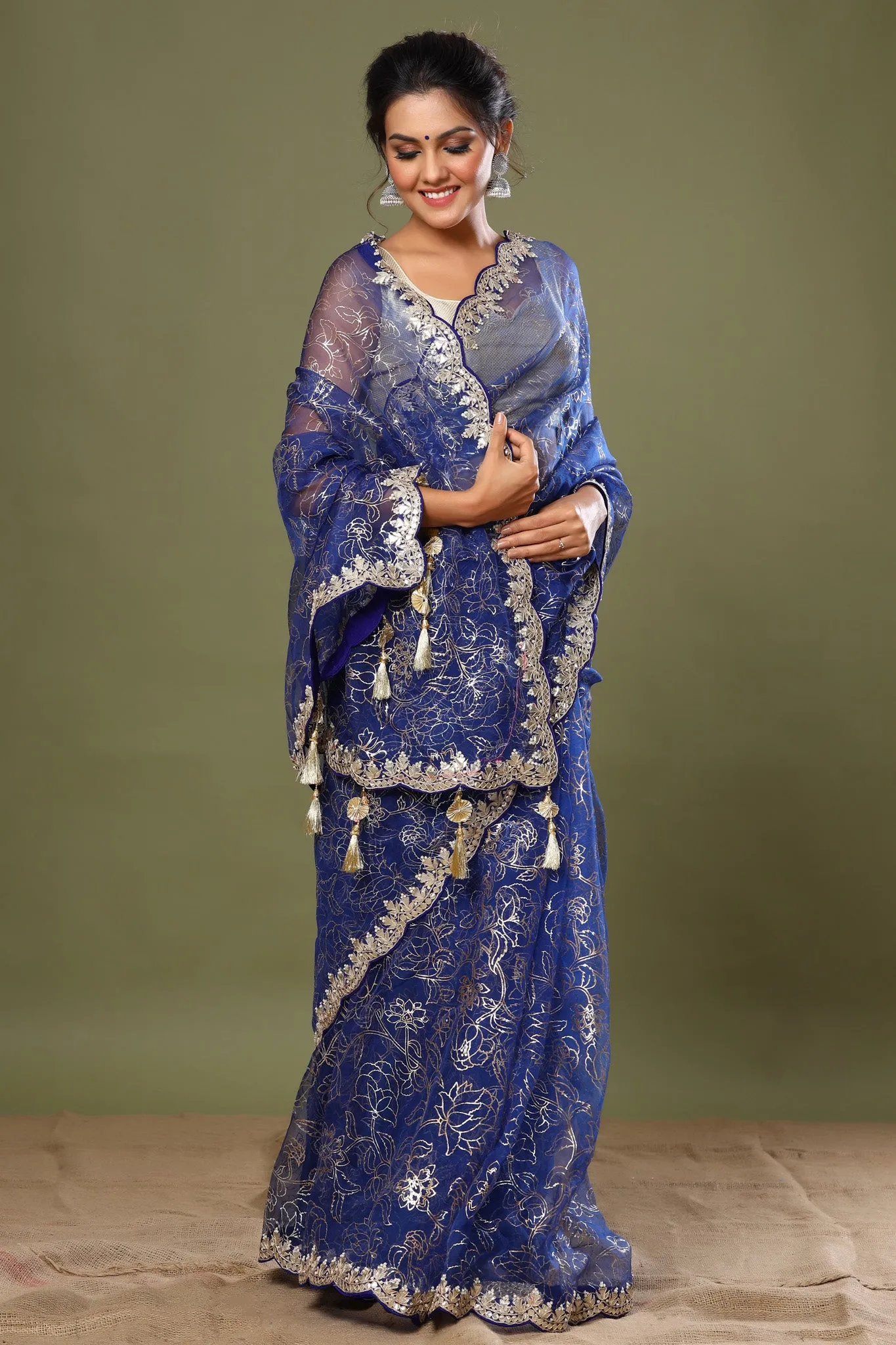 90Z466-NRO Royal Blue Embroidered Organza Saree