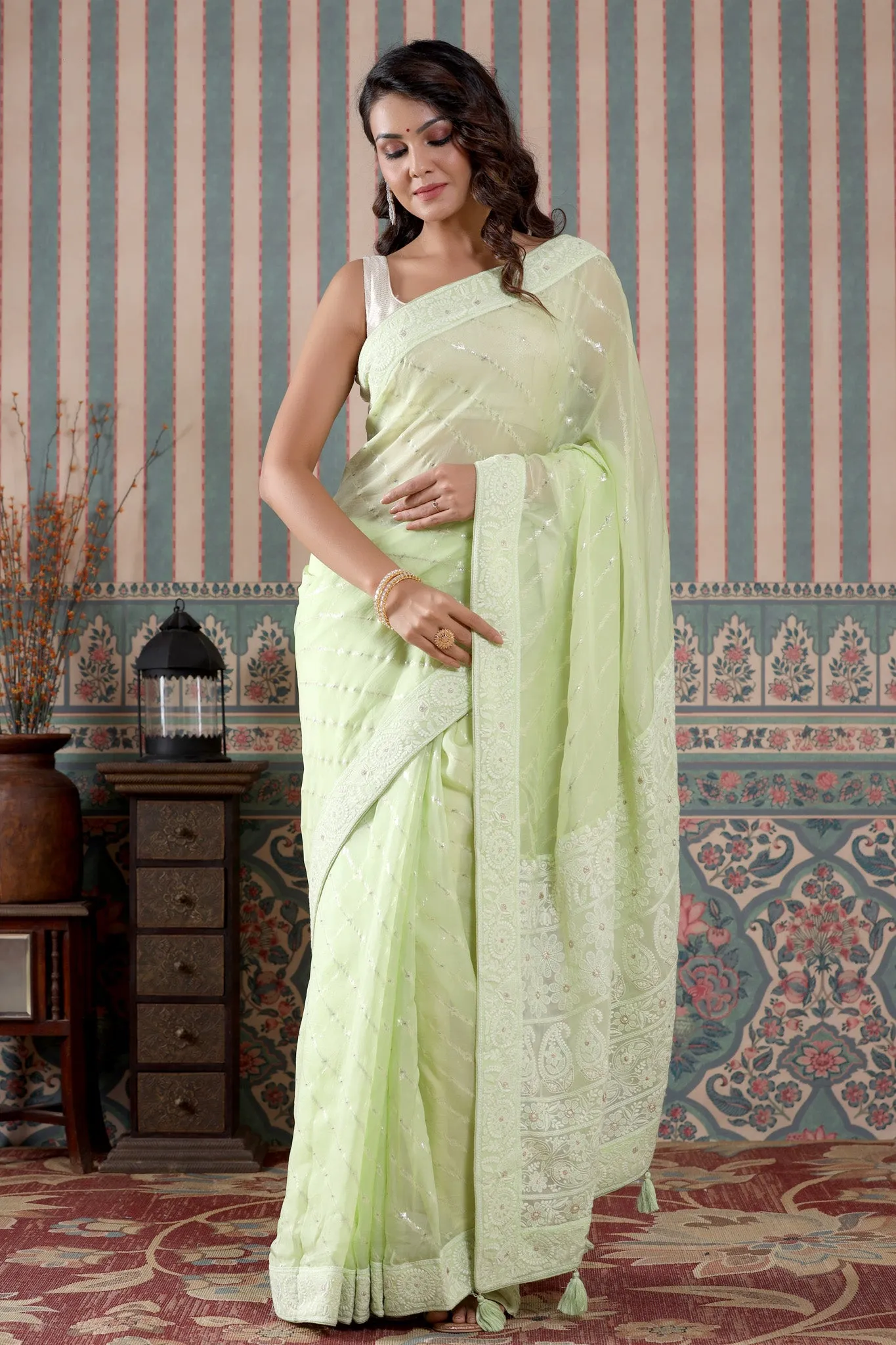 90Z470-NRO Mint Green Embroidered Georgette Saree