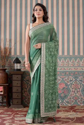 90Z489-NRO Green Georgette Lucknowi Saree with Gota Work Border