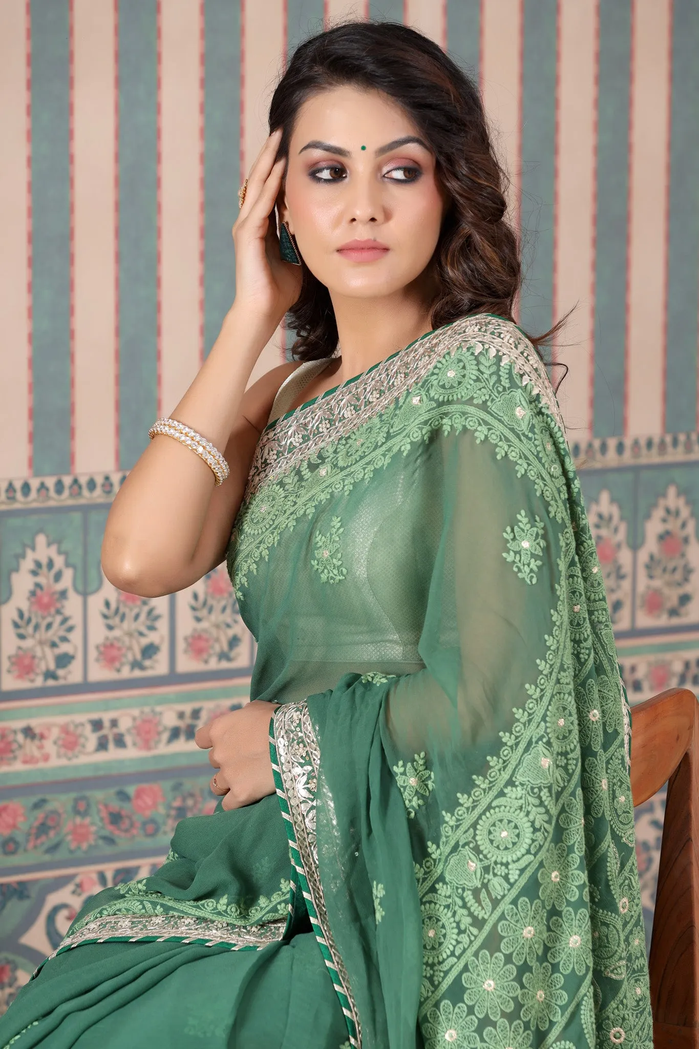 90Z489-NRO Green Georgette Lucknowi Saree with Gota Work Border