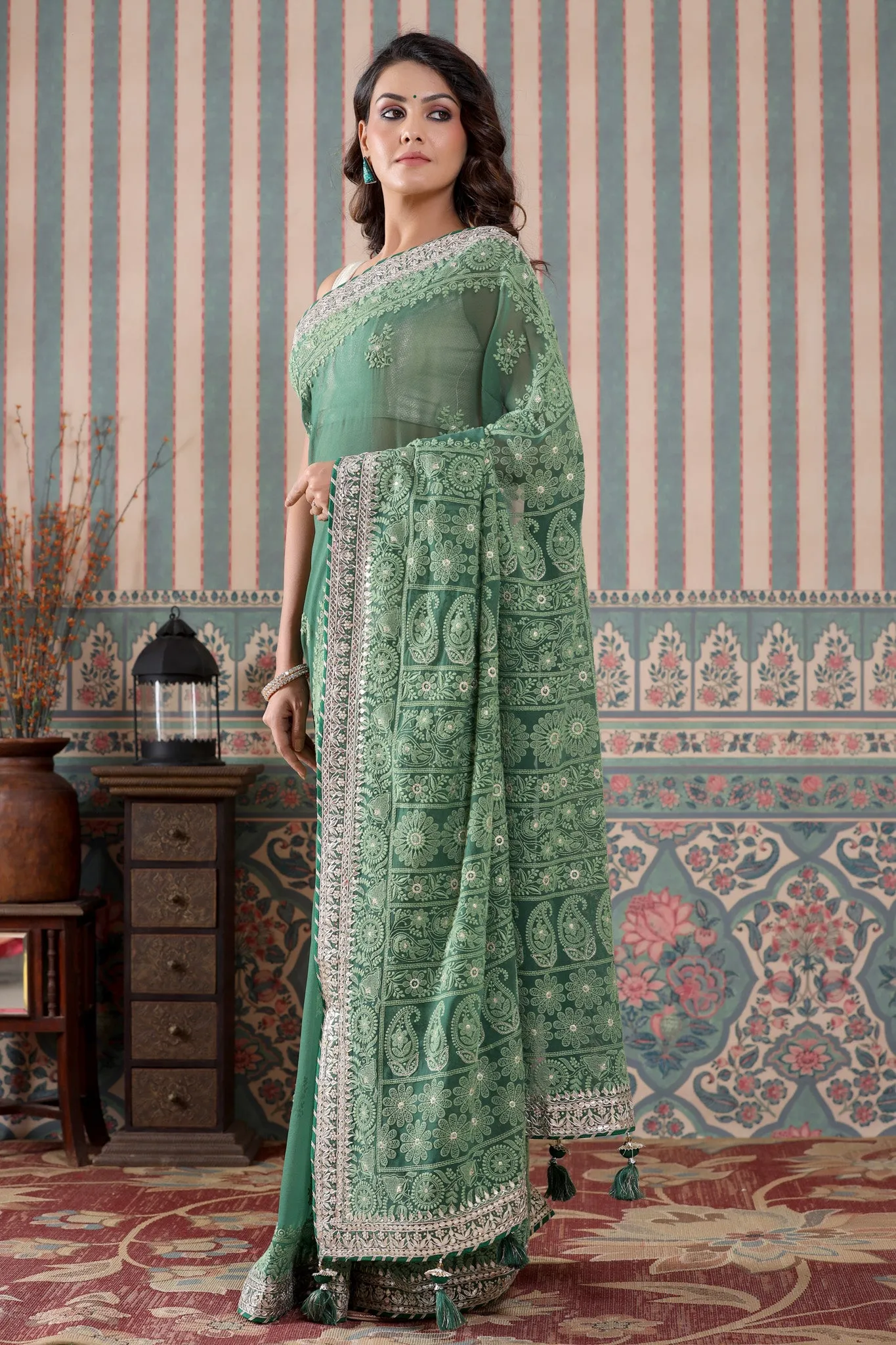 90Z489-NRO Green Georgette Lucknowi Saree with Gota Work Border